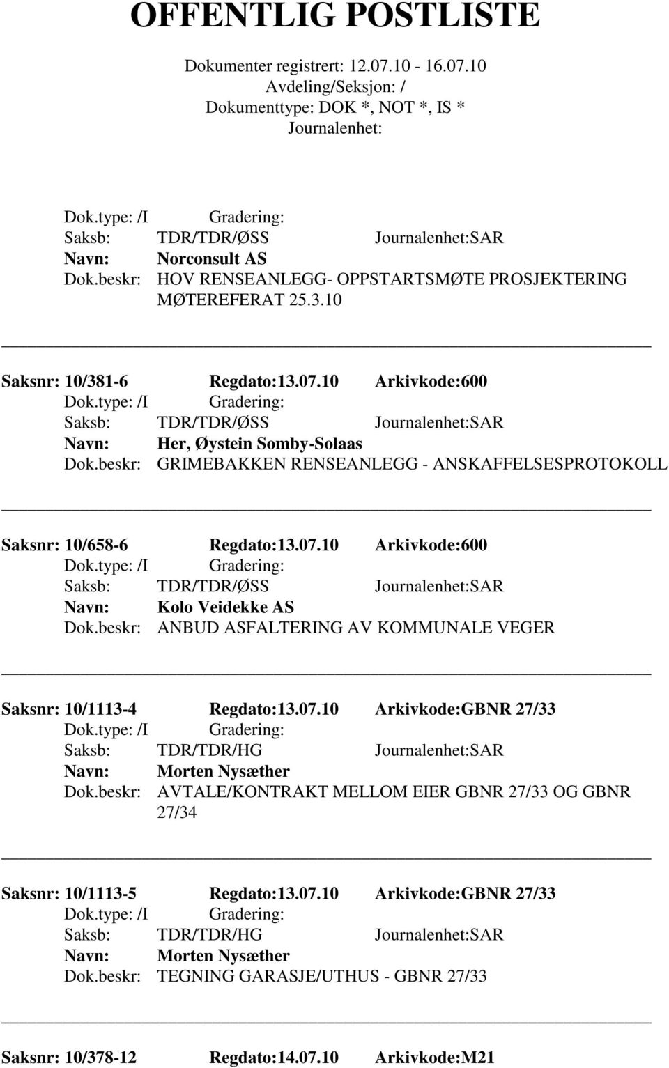 10 Arkivkode:600 Saksb: TDR/TDR/ØSS SAR Kolo Veidekke AS Dok.beskr: ANBUD ASFALTERING AV KOMMUNALE VEGER Saksnr: 10/1113-4 Regdato:13.07.