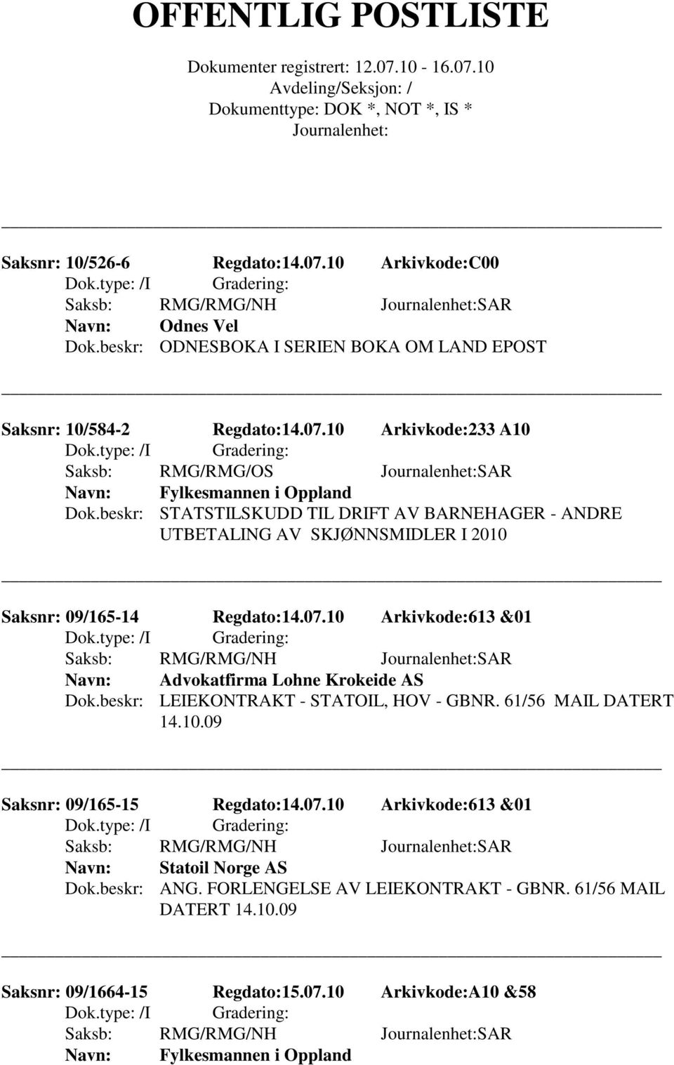10 Arkivkode:613 &01 Saksb: RMG/RMG/NH SAR Advokatfirma Lohne Krokeide AS Dok.beskr: LEIEKONTRAKT - STATOIL, HOV - GBNR. 61/56 MAIL DATERT 14.10.09 Saksnr: 09/165-15 Regdato:14.07.