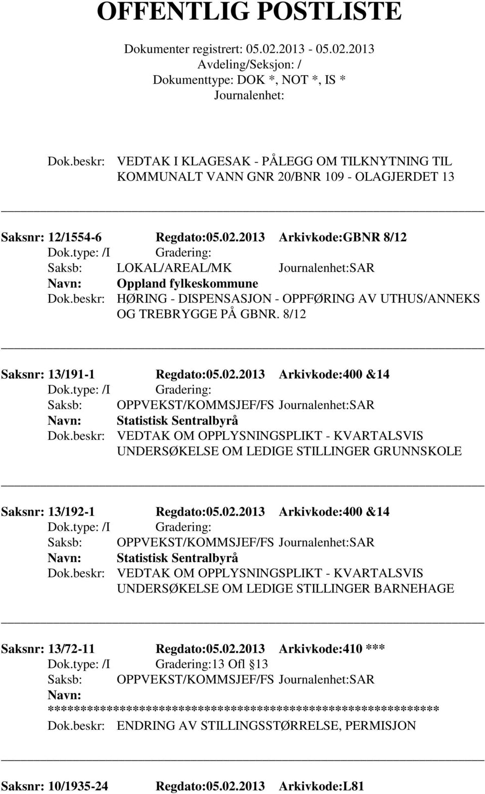 2013 Arkivkode:400 &14 Statistisk Sentralbyrå Dok.beskr: VEDTAK OM OPPLYSNINGSPLIKT - KVARTALSVIS UNDERSØKELSE OM LEDIGE STILLINGER GRUNNSKOLE Saksnr: 13/192-1 Regdato:05.02.