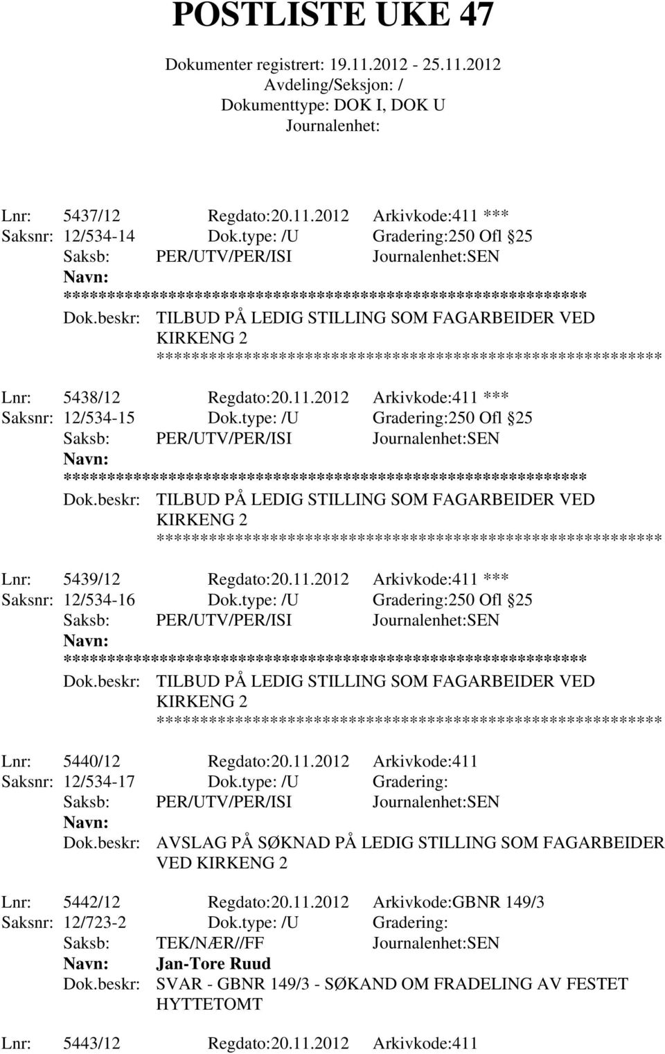 type: /U Gradering: Dok.beskr: AVSLAG PÅ SØKNAD PÅ LEDIG STILLING SOM FAGARBEIDER VED Lnr: 5442/12 Regdato:20.11.2012 Arkivkode:GBNR 149/3 Saksnr: 12/723-2 Dok.