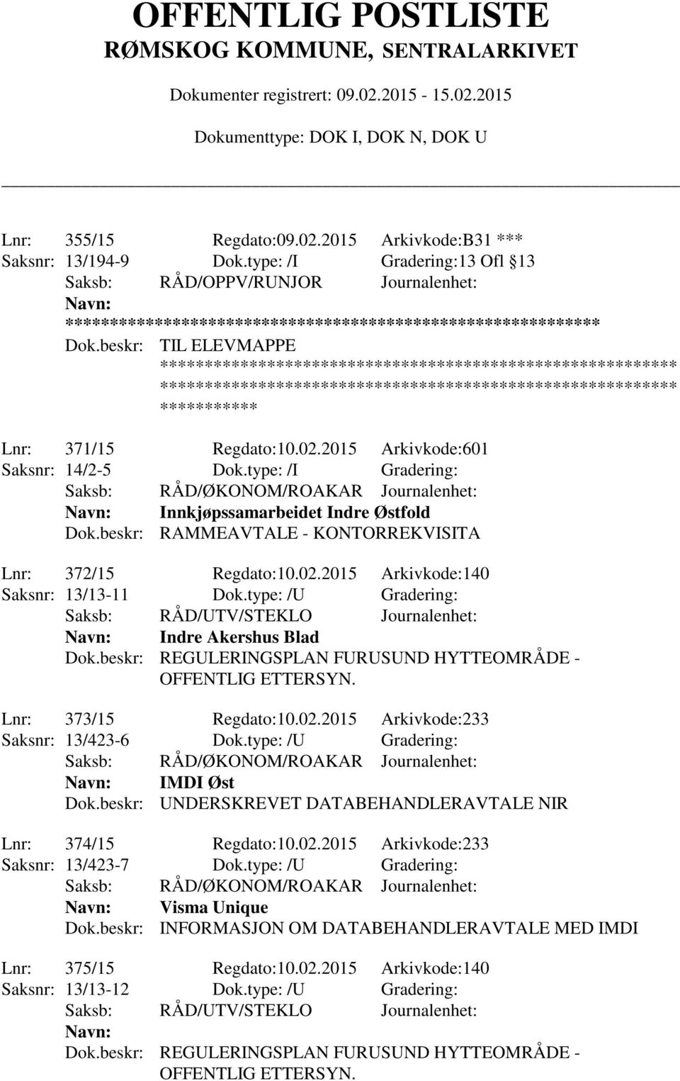 type: /U Gradering: Saksb: RÅD/UTV/STEKLO Journalenhet: Indre Akershus Blad Dok.beskr: REGULERINGSPLAN FURUSUND HYTTEOMRÅDE - OFFENTLIG ETTERSYN. Lnr: 373/15 Regdato:10.02.