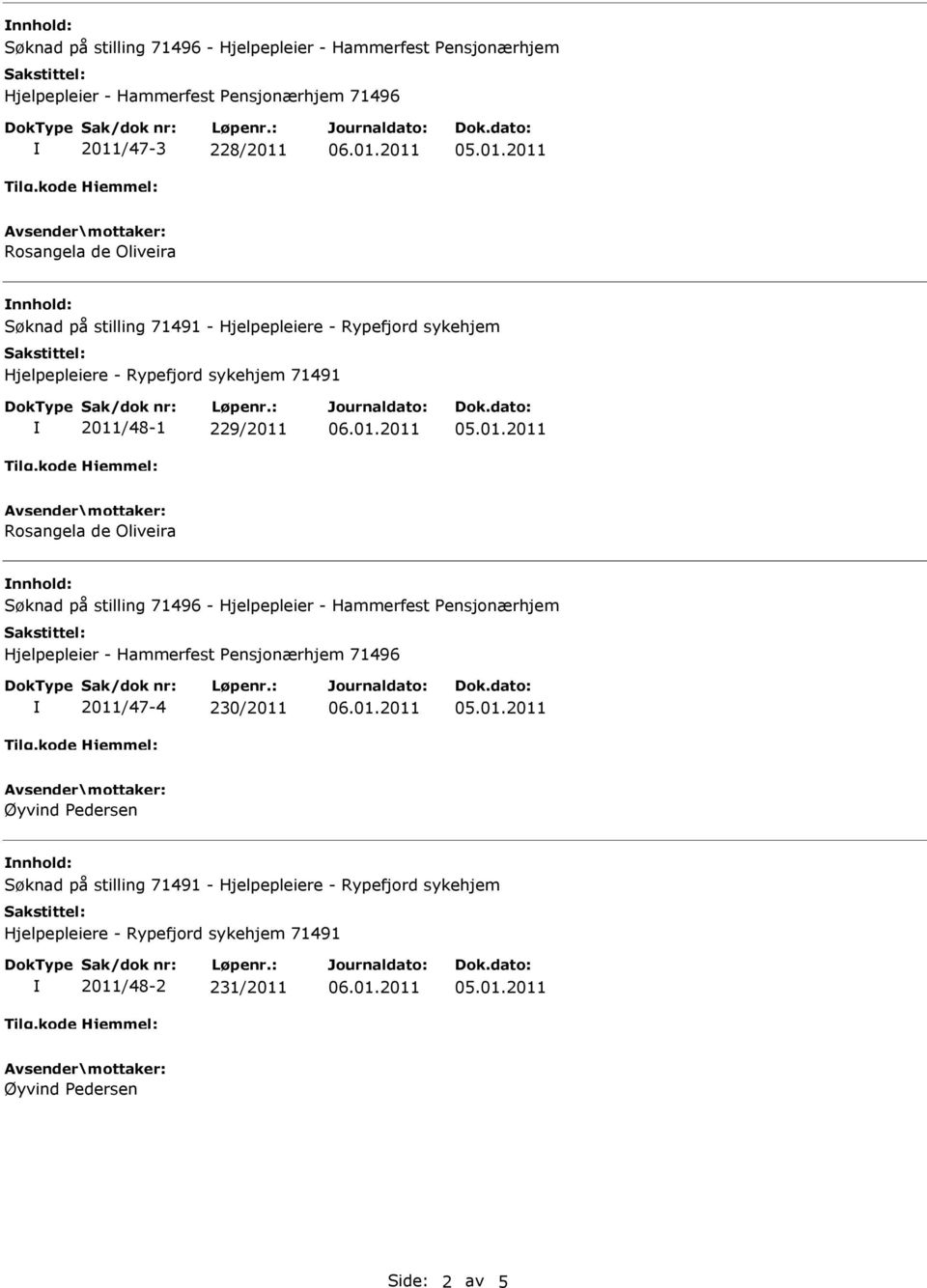 nnhold: 2011/47-4 230/2011 Øyvind Pedersen nnhold: Søknad på stilling 71491 - Hjelpepleiere -