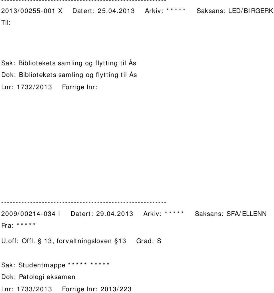 Dok: Bibliotekets samling og flytting til Ås Lnr: 1732/2013 Forrige lnr: 2009/00214-034 I