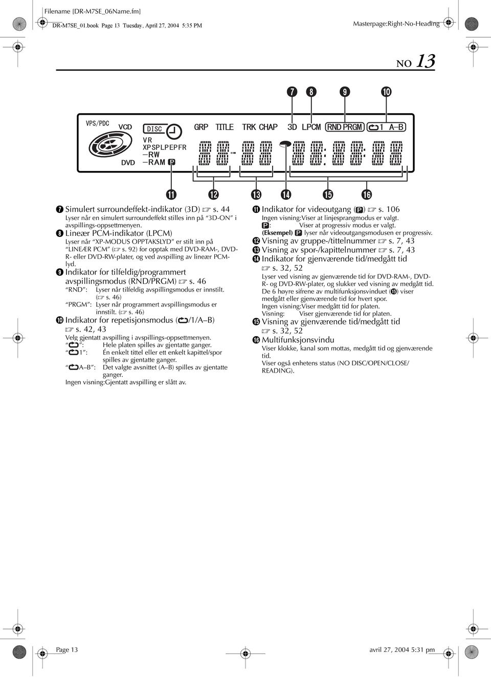 92) for opptak med DVD-RM-, DVD- R- eller DVD-RW-plater, og ved avspilling av lineær PCMlyd. I Indikator for tilfeldig/programmert avspillingsmodus (RND/PRGM) s.