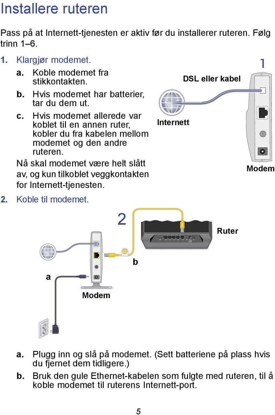 Hvis modemet allerede var koblet til en annen ruter, Internett kobler du fra kabelen mellom modemet og den andre ruteren.