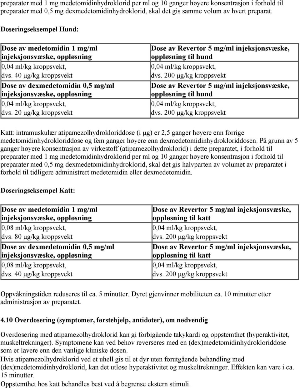 20 µg/kg kroppsvekt oppløsning til hund oppløsning til hund Katt: intramuskulær atipamezolhydrokloriddose (i µg) er 2,5 ganger høyere enn forrige medetomidinhydrokloriddose og fem ganger høyere enn