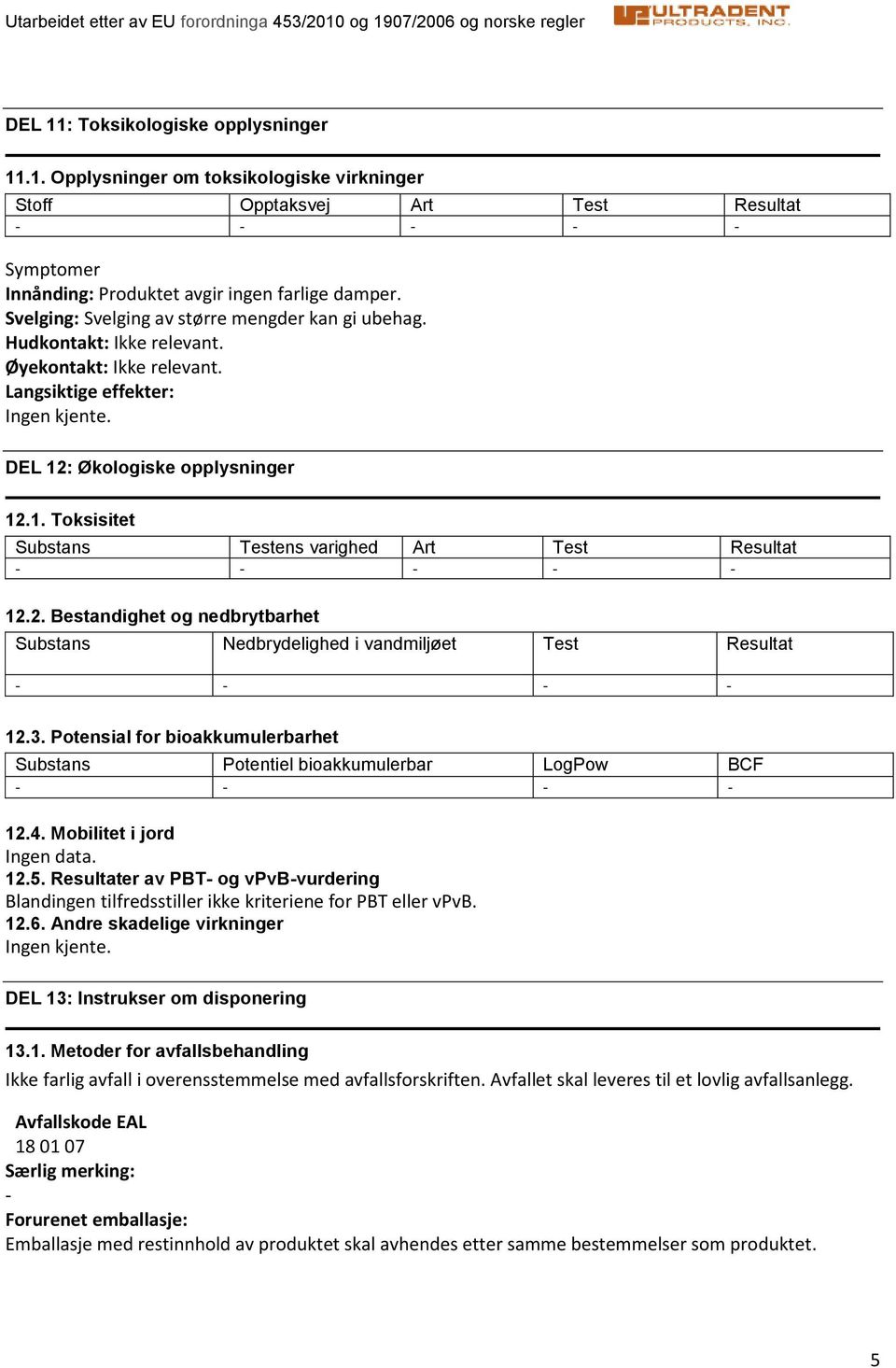 2. Bestandighet og nedbrytbarhet Substans Nedbrydelighed i vandmiljøet Test Resultat 12.3. Potensial for bioakkumulerbarhet Substans Potentiel bioakkumulerbar LogPow BCF 12.4.