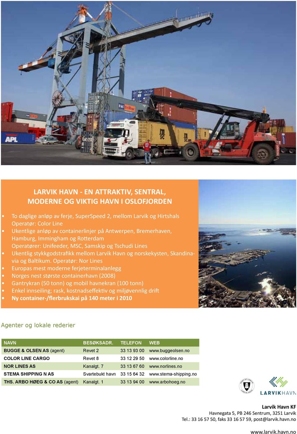Operatør: Nor Lines Europas mest moderne ferjeterminalanlegg Norges nest største containerhavn (2008) Gantrykran (50 tonn) og mobil havnekran (100 tonn) Enkel innseiling; rask, kostnadseffektiv og