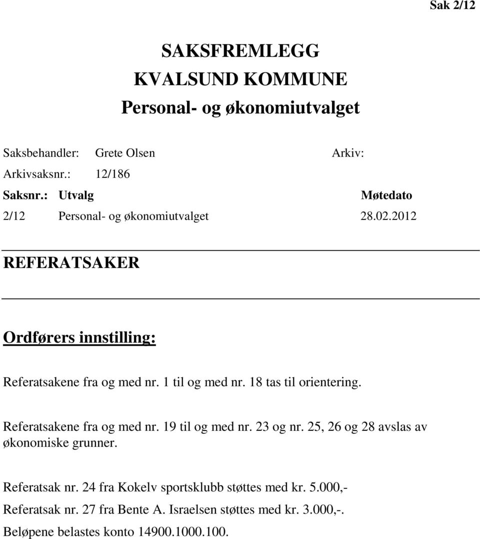 1 til og med nr. 18 tas til orientering. Referatsakene fra og med nr. 19 til og med nr. 23 og nr. 25, 26 og 28 avslas av økonomiske grunner.