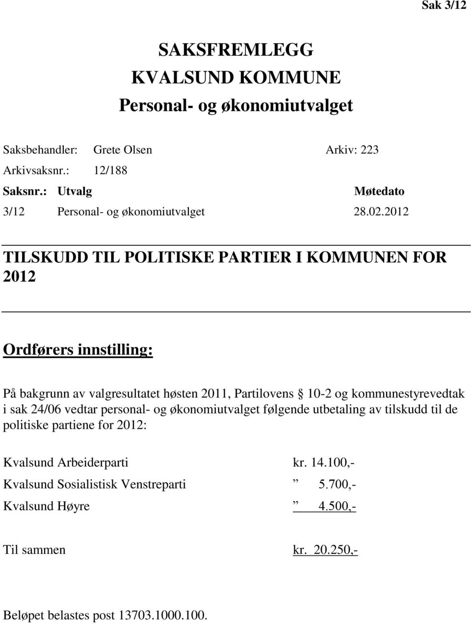 2012 TILSKUDD TIL POLITISKE PARTIER I KOMMUNEN FOR 2012 Ordførers innstilling: På bakgrunn av valgresultatet høsten 2011, Partilovens 10-2 og