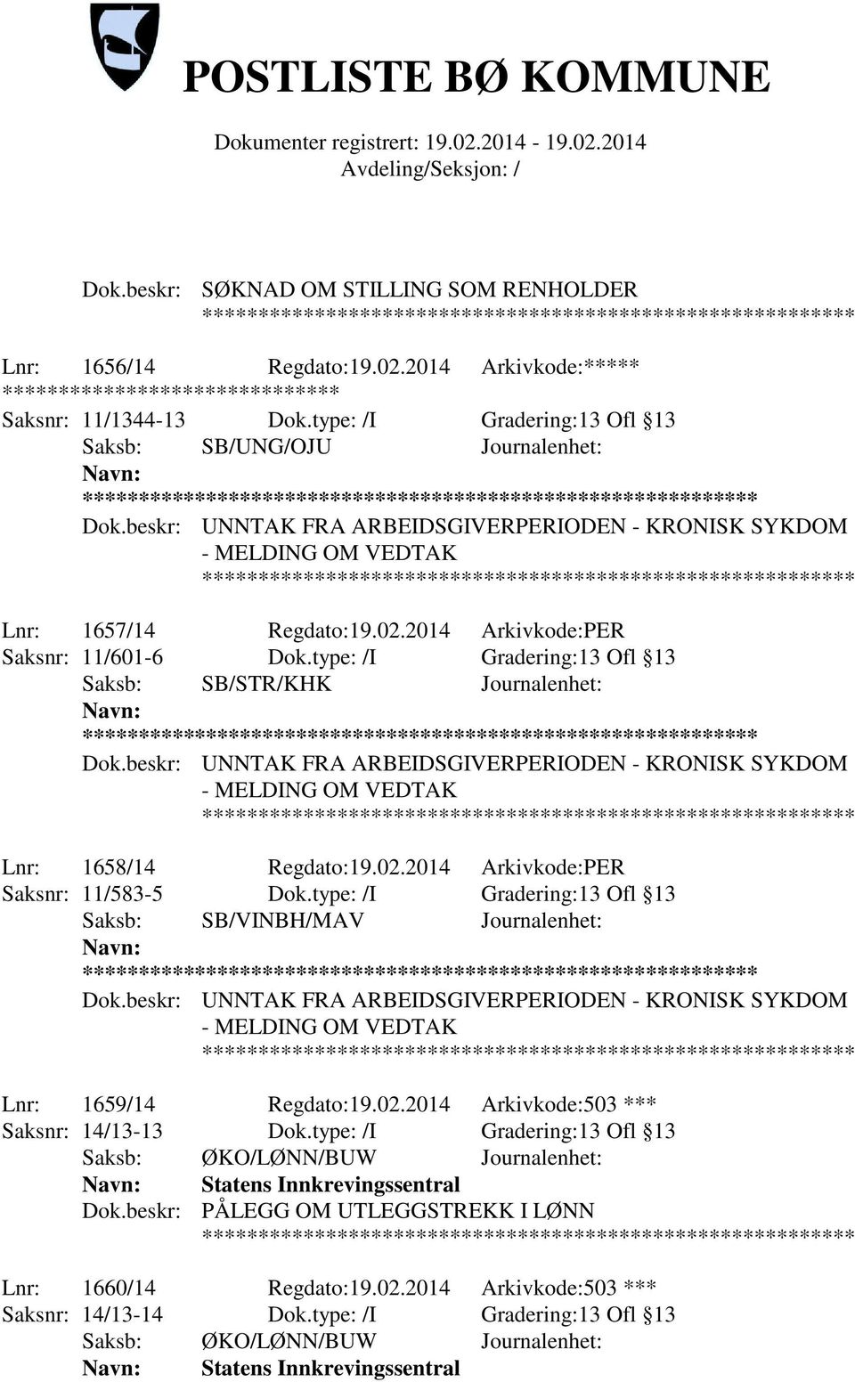 type: /I Gradering:13 Ofl 13 Saksb: SB/STR/KHK Journalenhet: ** Lnr: 1658/14 Regdato:19.02.2014 Arkivkode:PER Saksnr: 11/583-5 Dok.