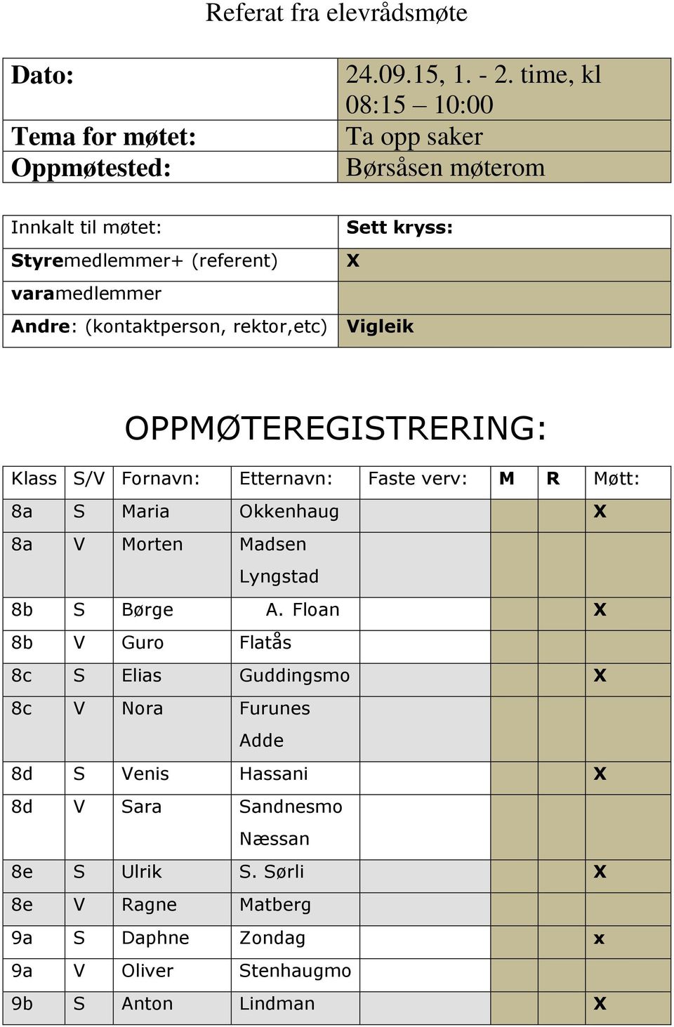 rektor,etc) Vigleik OPPMØTEREGISTRERING: Klass S/V Fornavn: Etternavn: Faste verv: M R Møtt: 8a S Maria Okkenhaug X 8a V Morten Madsen Lyngstad 8b S