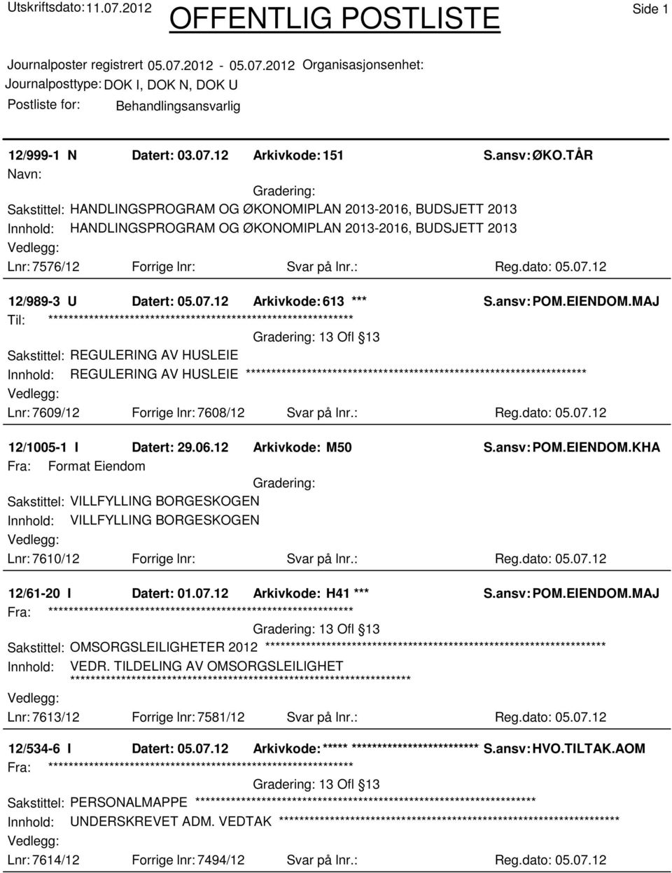 07.12 12/989-3 U Datert: 05.07.12 Arkivkode: 613 *** S.ansv: POM.EIENDOM.
