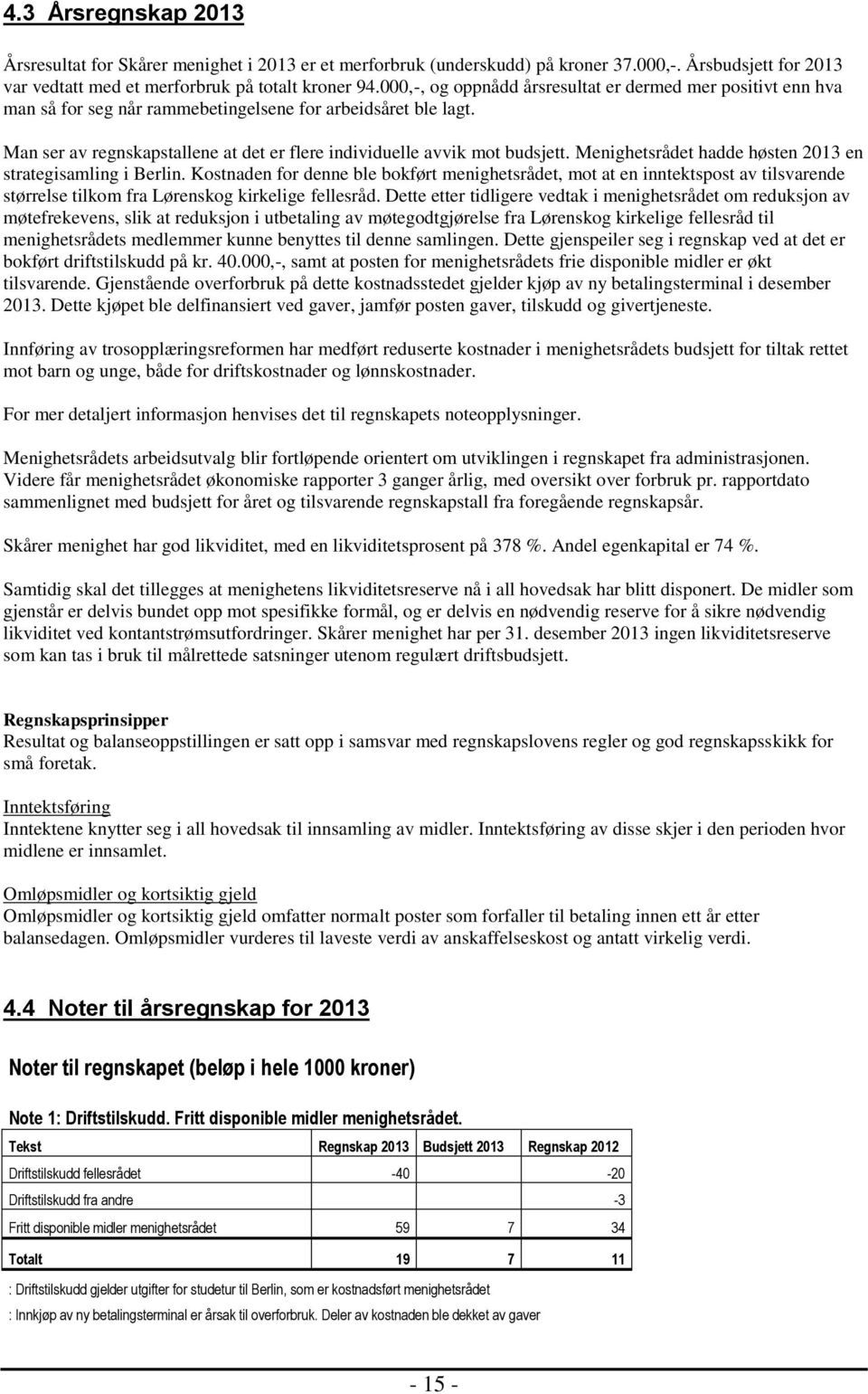 Menighetsrådet hadde høsten 2013 en strategisamling i Berlin. Kostnaden for denne ble bokført menighetsrådet, mot at en inntektspost av tilsvarende størrelse tilkom fra Lørenskog kirkelige fellesråd.