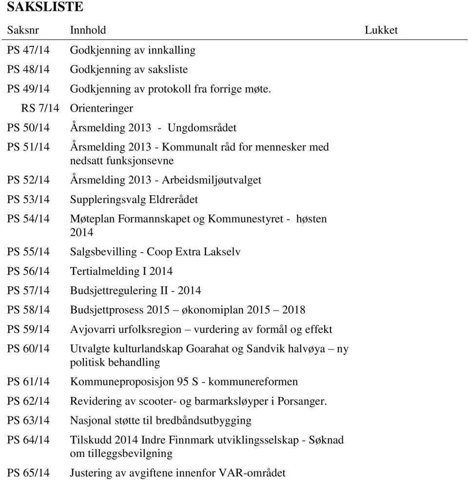 Arbeidsmiljøutvalget Suppleringsvalg Eldrerådet Møteplan Formannskapet og Kommunestyret - høsten 2014 Salgsbevilling - Coop Extra Lakselv PS 56/14 Tertialmelding I 2014 PS 57/14 Budsjettregulering II