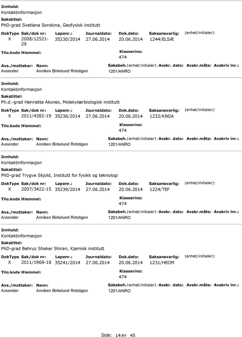 dato: Avskr.måte: Avskriv lnr.: Anniken Birkelund Rotstigen 1201/ANRO Kontaktinformasjon PhD-grad Trygve kjold, nstitutt for fysikk og teknologi X 2007/3422-15 35239/2014 1224/TEF Avs.