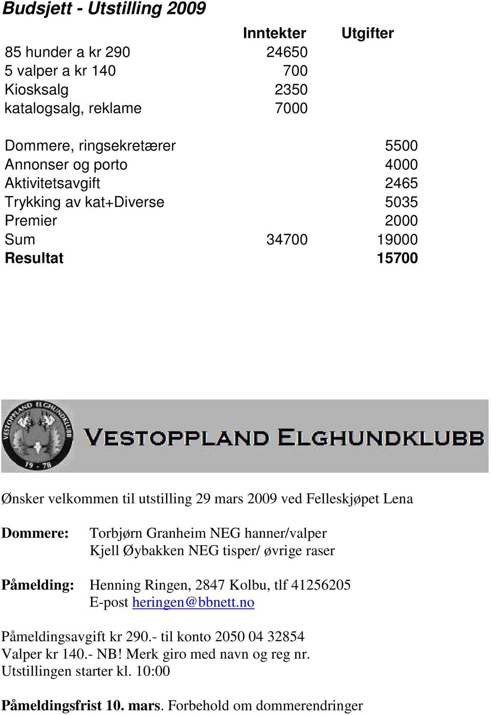 Felleskjøpet Lena Dommere: Torbjørn Granheim NEG hanner/valper Kjell Øybakken NEG tisper/ øvrige raser Påmelding: Henning Ringen, 2847 Kolbu, tlf 41256205 E-post heringen@bbnett.