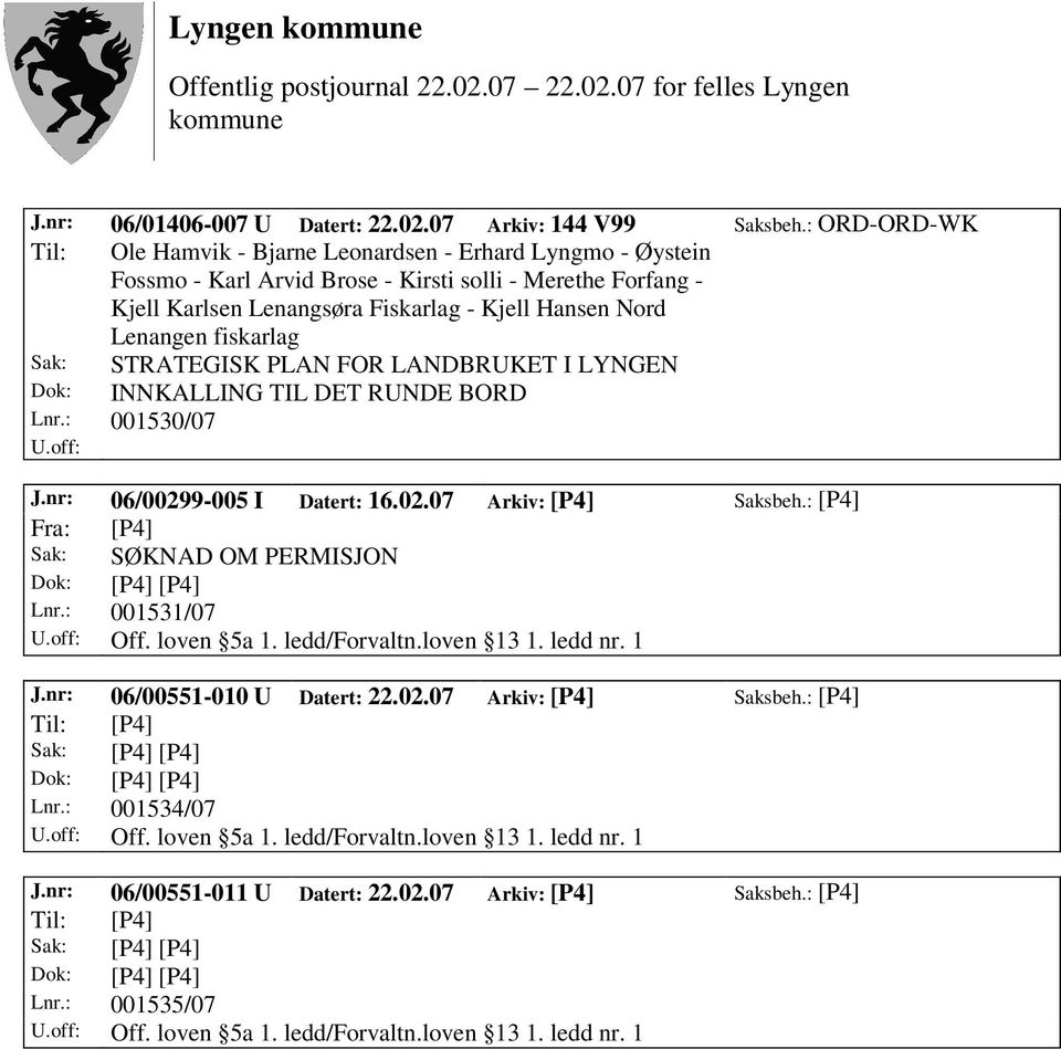 fiskarlag Sak: STRATEGISK PLAN FOR LANDBRUKET I LYNGEN Dok: INNKALLING TIL DET RUNDE BORD Lnr.: 001530/07 J.nr: 06/00299-005 I Datert: 16.02.07 Arkiv: [P4] Saksbeh.