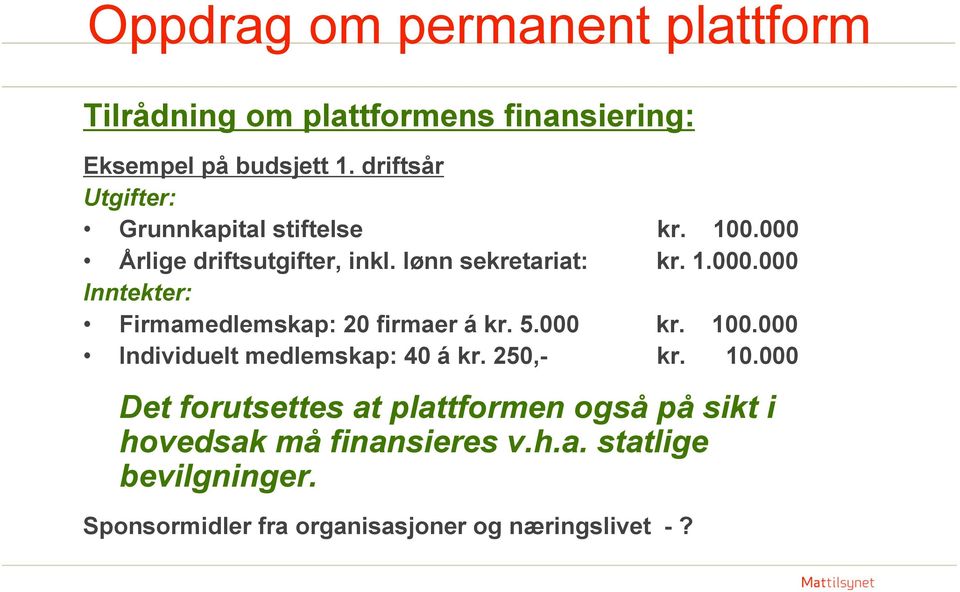 5.000 kr. 100.000 Individuelt medlemskap: 40 á kr. 250,- kr. 10.000 Det forutsettes at plattformen også på sikt i hovedsak må finansieres v.