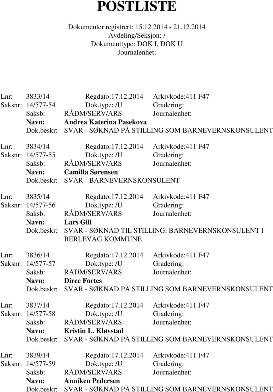 beskr: SVAR - SØKNAD TIL STILLING: BARNEVERNSKONSULENT I BERLEVÅG KOMMUNE Lnr: 3836/14 Regdato:17.12.2014 Arkivkode:411 F47 Saksnr: 14/577-57 Dok.