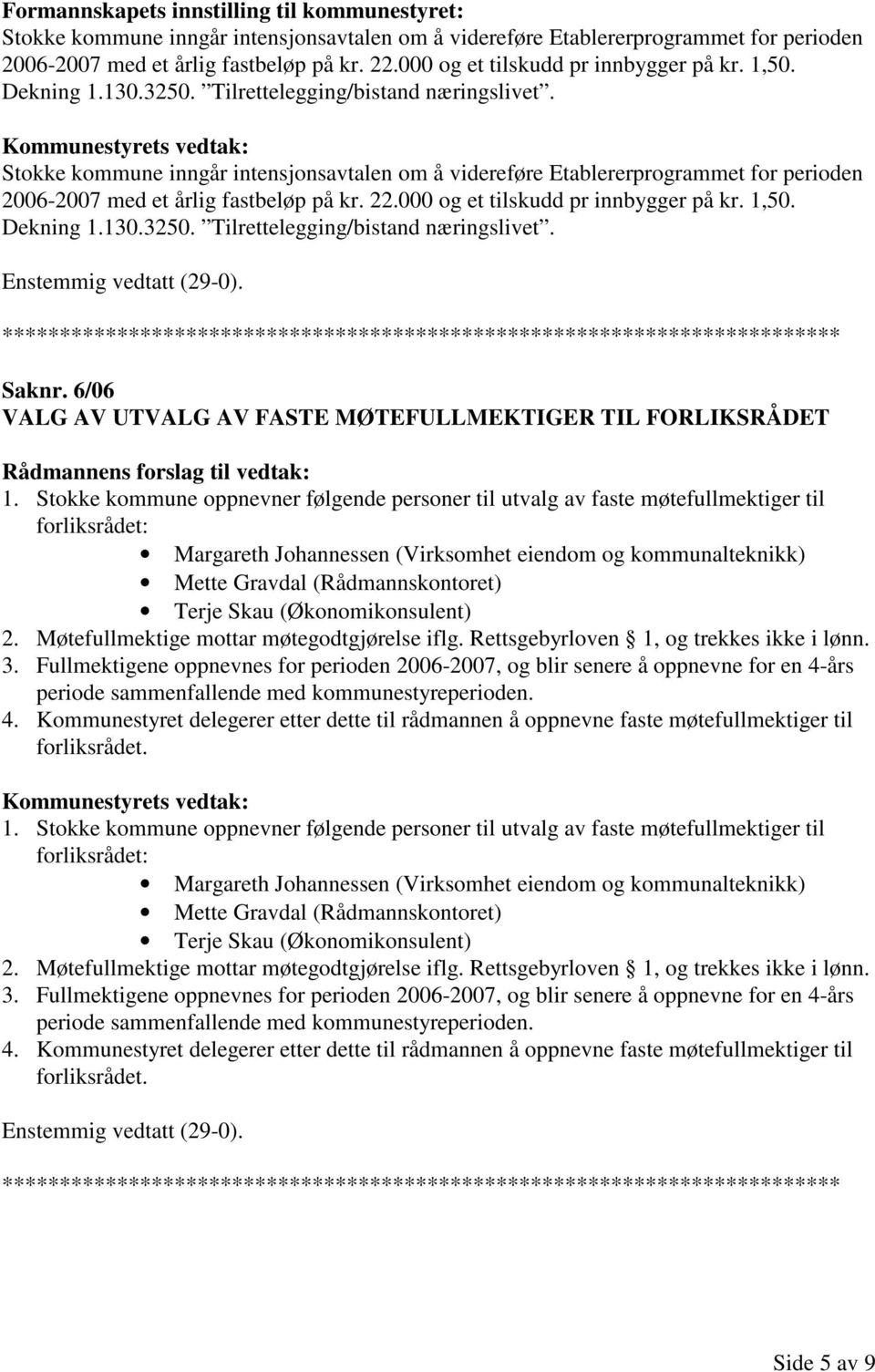 Stokke kommune inngår intensjonsavtalen om å videreføre Etablererprogrammet for perioden 2006-2007 med et årlig fastbeløp på kr. 22. Saknr.