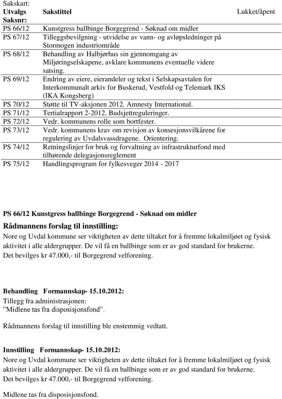 PS 69/12 Endring av eiere, eierandeler og tekst i Selskapsavtalen for Interkommunalt arkiv for Buskerud, Vestfold og Telemark IKS (IKA Kongsberg) PS 70/12 Støtte til TV-aksjonen 2012.