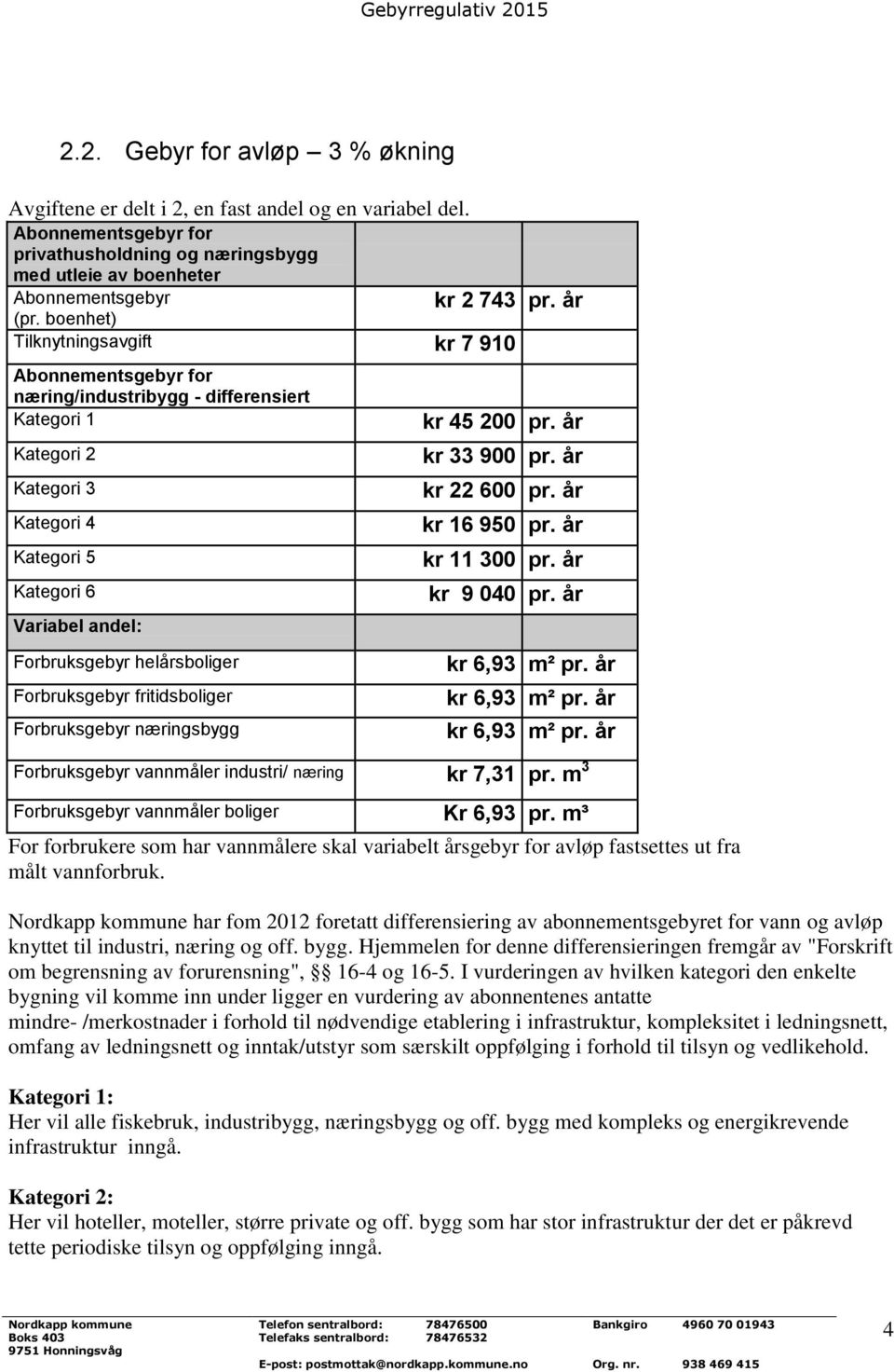 boenhet) Tilknytningsavgift kr 7 910 Abonnementsgebyr for næring/industribygg - differensiert Kategori 1 Kategori 2 Kategori 3 Kategori 4 Kategori 5 Kategori 6 Variabel andel: Forbruksgebyr