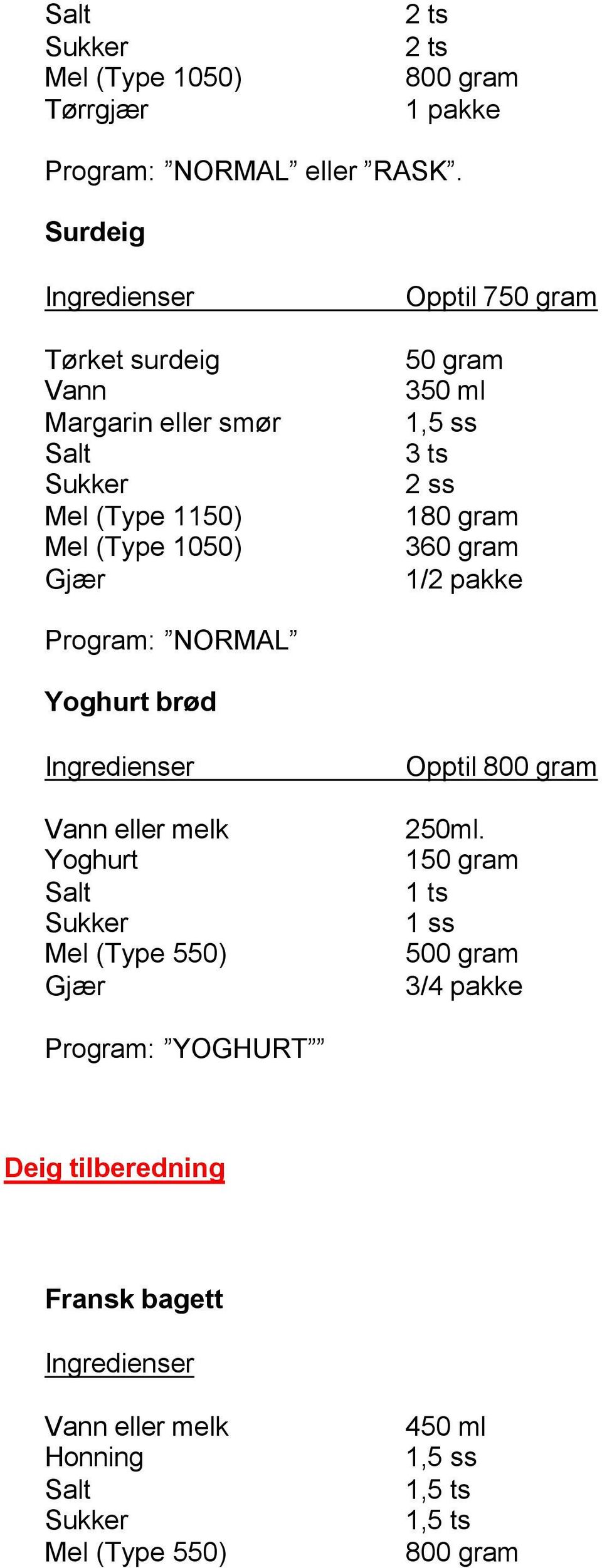 ts 2 ss 180 gram 360 gram 1/2 pakke Program: NORMAL Yoghurt brød Vann eller melk Yoghurt Mel (Type 550) Gjær Opptil 800 gram