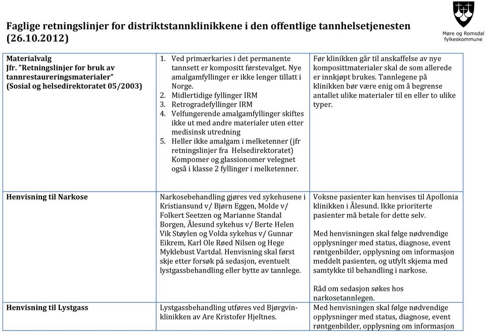 Velfungerende amalgamfyllinger skiftes ikke ut med andre materialer uten etter medisinsk utredning 5.