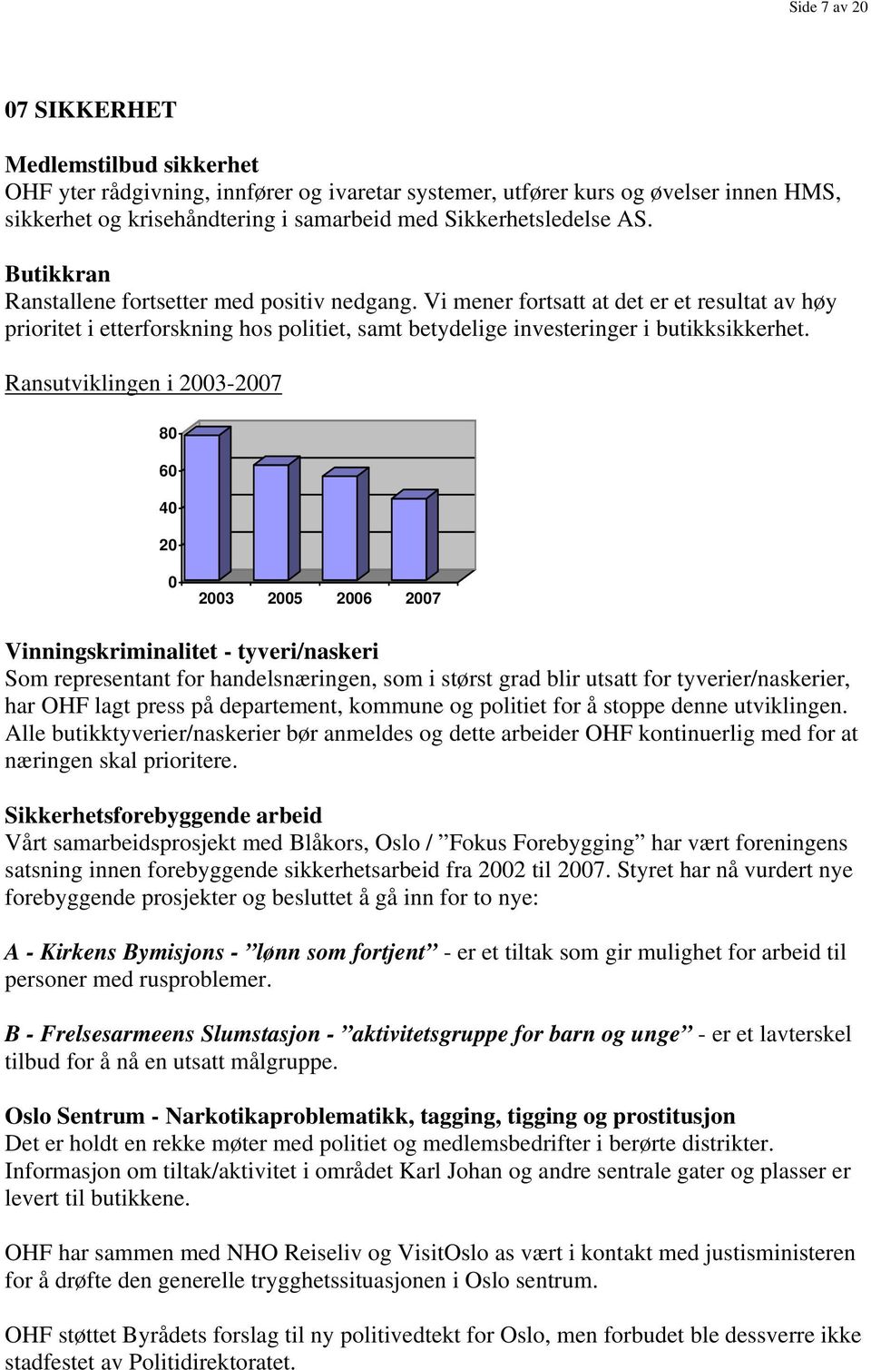 Ransutviklingen i 2003-2007 80 60 40 20 0 2003 2005 2006 2007 Vinningskriminalitet - tyveri/naskeri Som representant for handelsnæringen, som i størst grad blir utsatt for tyverier/naskerier, har OHF