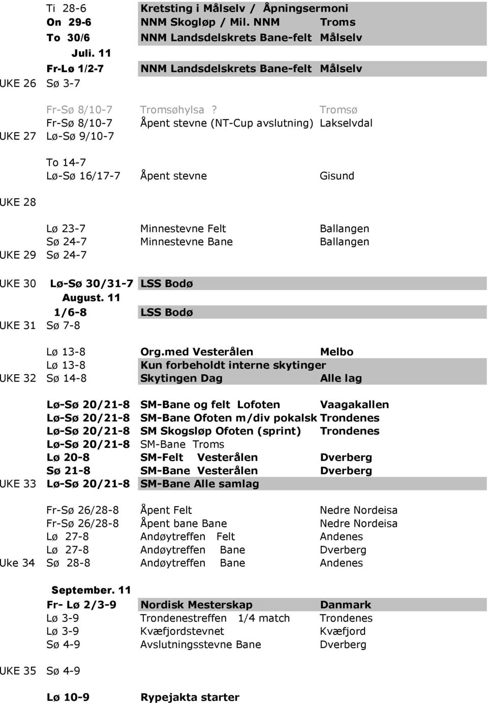 Tromsø Fr-Sø 8/10-7 Åpent stevne (NT-Cup avslutning) Lakselvdal UKE 27 Lø-Sø 9/10-7 UKE 28 To 14-7 Lø-Sø 16/17-7 Åpent stevne Gisund Lø 23-7 Minnestevne Felt Ballangen Sø 24-7 Minnestevne Bane