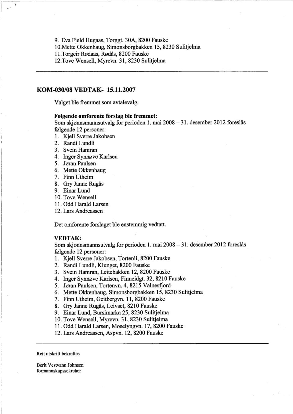 desember 2012 foreslås følgende 12 personer: 1. Kjell Sverre Jakobsen 2. Randi Lundli 3. Svein Hamtan 4. Inger Synve Karlsen 5. Jøran Paulsen 6. Mette Okkenhaug 7. Finn Utheim 8. Gry Jane Rugås 9.