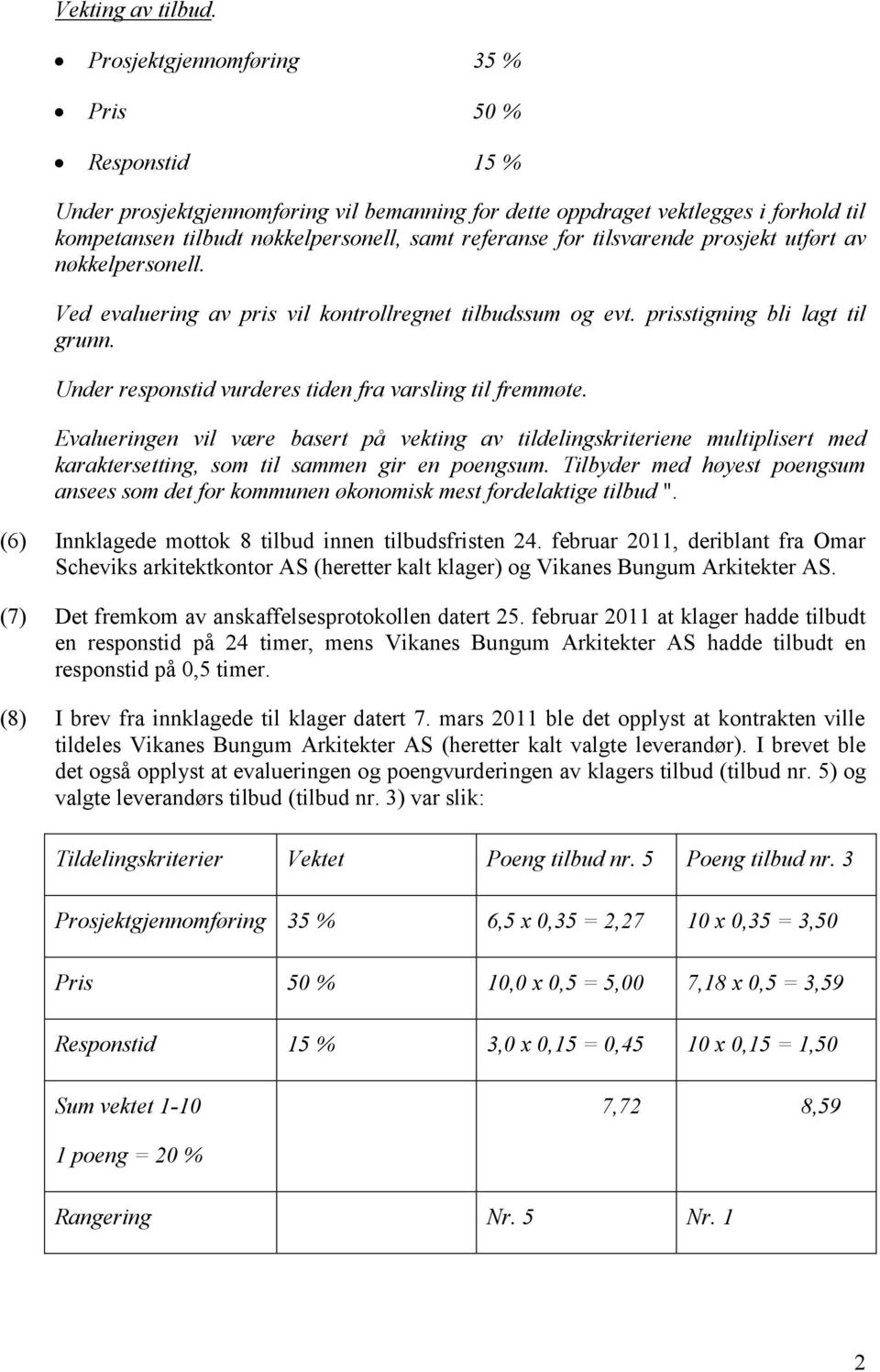 tilsvarende prosjekt utført av nøkkelpersonell. Ved evaluering av pris vil kontrollregnet tilbudssum og evt. prisstigning bli lagt til grunn. Under responstid vurderes tiden fra varsling til fremmøte.