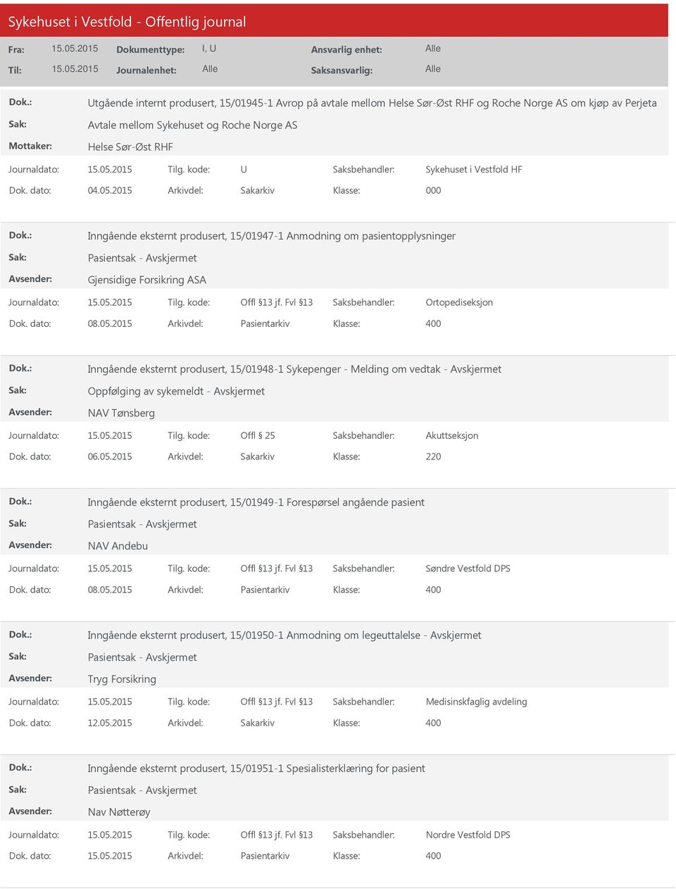 dato: 06.05.2015 Arkivdel: Sakarkiv 220 Inngående eksternt produsert, 15/01949-1 Forespørsel angående pasient Pasientsak - NAV Andebu Søndre Vestfold DPS Dok. dato: 08.05.2015 Arkivdel: Pasientarkiv Inngående eksternt produsert, 15/01950-1 Anmodning om legeuttalelse - Pasientsak - Tryg Forsikring Medisinskfaglig avdeling Dok.