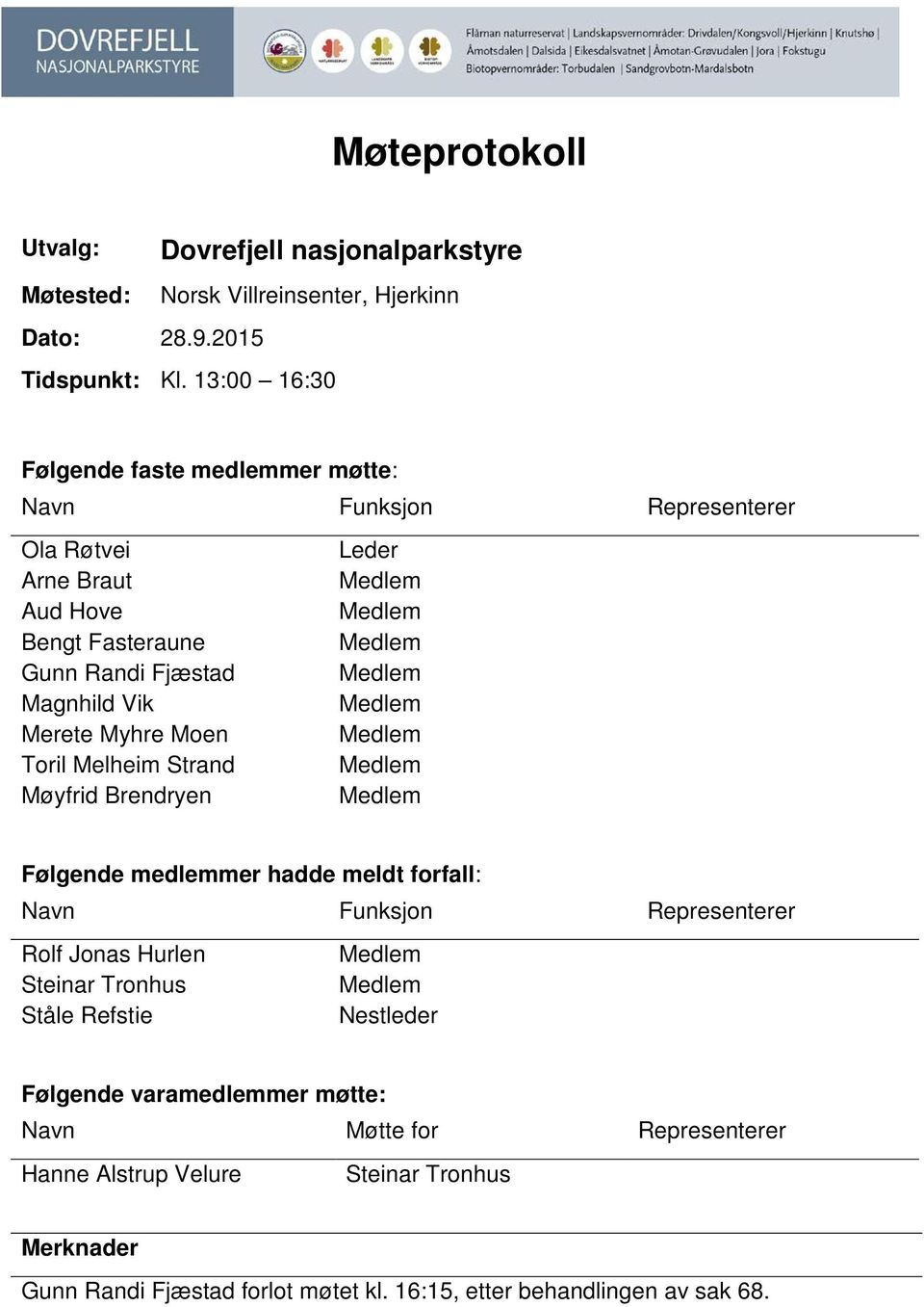 Magnhild Vik Medlem Merete Myhre Moen Medlem Toril Melheim Strand Medlem Møyfrid Brendryen Medlem Følgende medlemmer hadde meldt forfall: Navn Funksjon Representerer Rolf Jonas