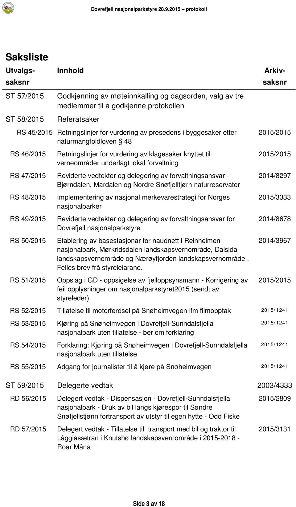 vedtekter og delegering av forvaltningsansvar - Bjørndalen, Mardalen og Nordre Snøfjelltjørn naturreservater RS 48/2015 RS 49/2015 RS 50/2015 RS 51/2015 Implementering av nasjonal merkevarestrategi