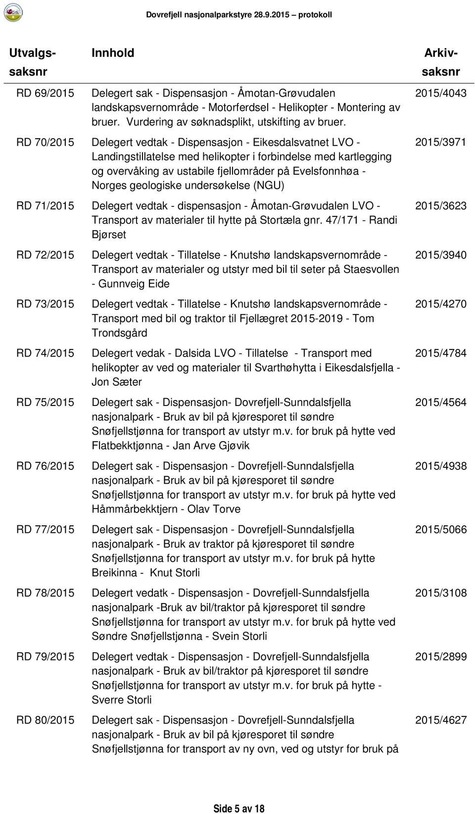geologiske undersøkelse (NGU) RD 71/2015 Delegert vedtak - dispensasjon - Åmotan-Grøvudalen LVO - Transport av materialer til hytte på Stortæla gnr.