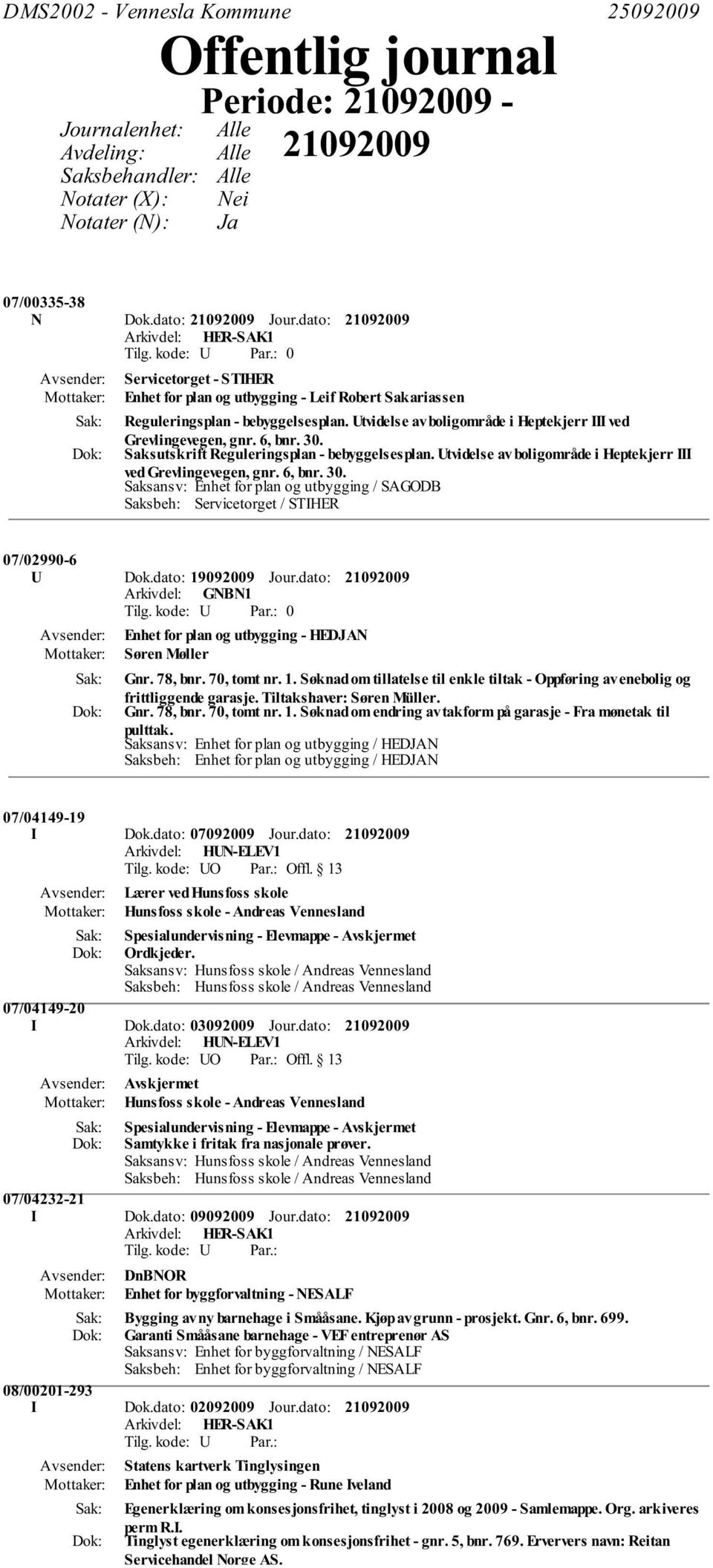 Saksutskrift Reguleringsplan - bebyggelsesplan. Utvidelse av boligområde i Heptekjerr III ved Grevlingevegen, gnr. 6, bnr. 30. Saksansv: Enhet for plan og utbygging / SAGODB 07/02990-6 U Dok.