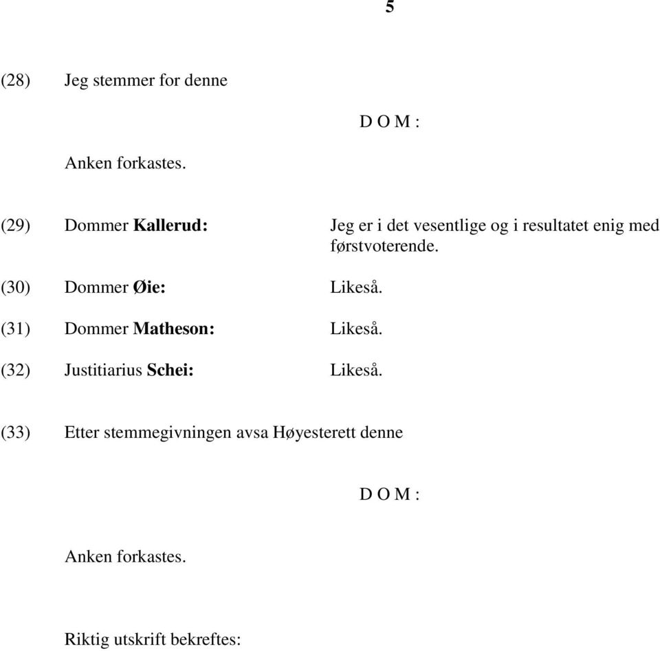 førstvoterende. (30) Dommer Øie: Likeså. (31) Dommer Matheson: Likeså.