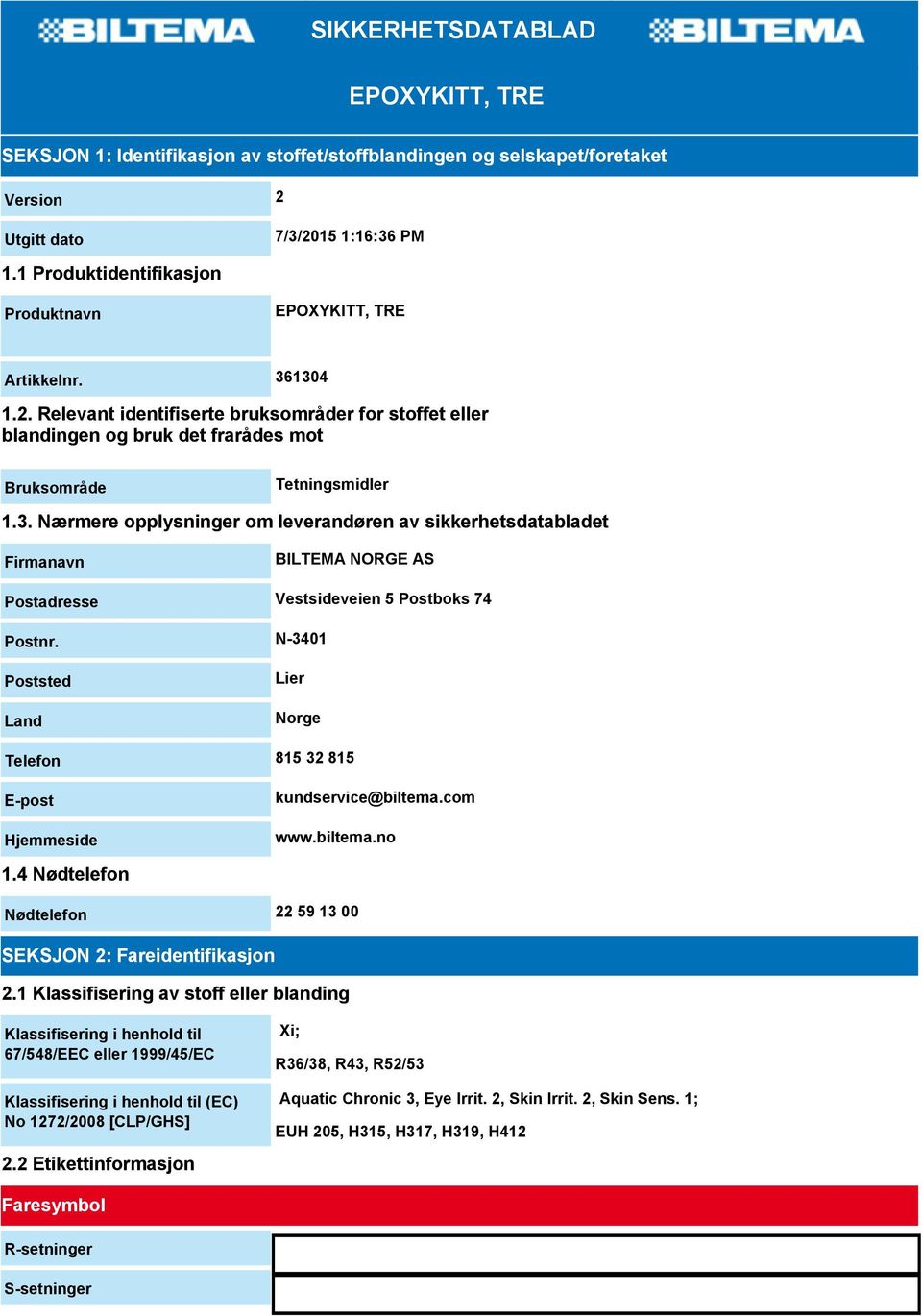 1304 1.2. Relevant identifiserte bruksområder for stoffet eller blandingen og bruk det frarådes mot Bruksområde Tetningsmidler 1.3. Nærmere opplysninger om leverandøren av sikkerhetsdatabladet Firmanavn BILTEMA NORGE AS Postadresse Vestsideveien 5 Postboks 74 Postnr.