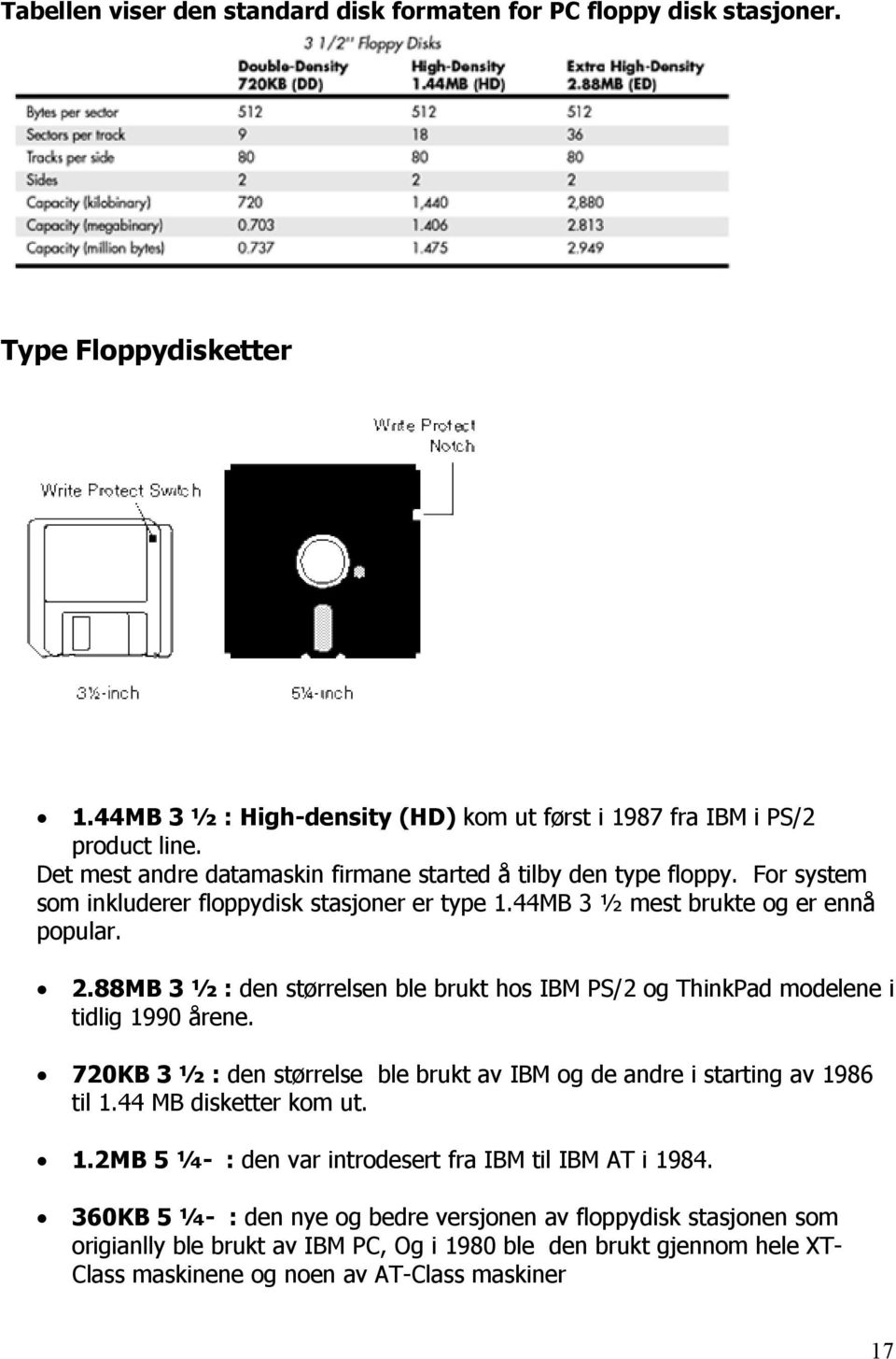 88MB 3 ½ : den størrelsen ble brukt hos IBM PS/2 og ThinkPad modelene i tidlig 1990 årene. 720KB 3 ½ : den størrelse ble brukt av IBM og de andre i starting av 1986 til 1.44 MB disketter kom ut.