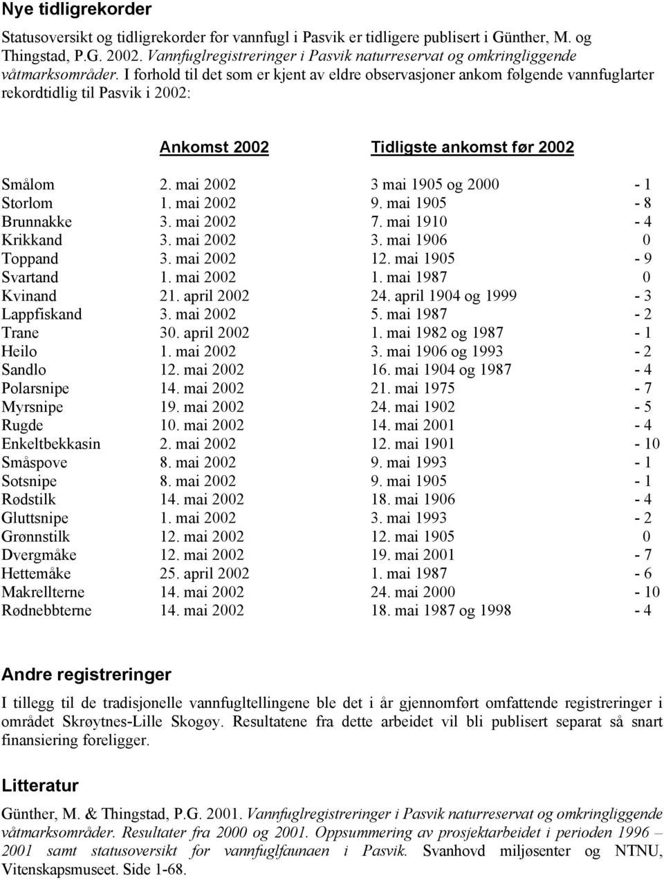 I forhold til det som er kjent av eldre observasjoner ankom følgende vannfuglarter rekordtidlig til Pasvik i 2002: Ankomst 2002 Tidligste ankomst før 2002 Smålom 2.