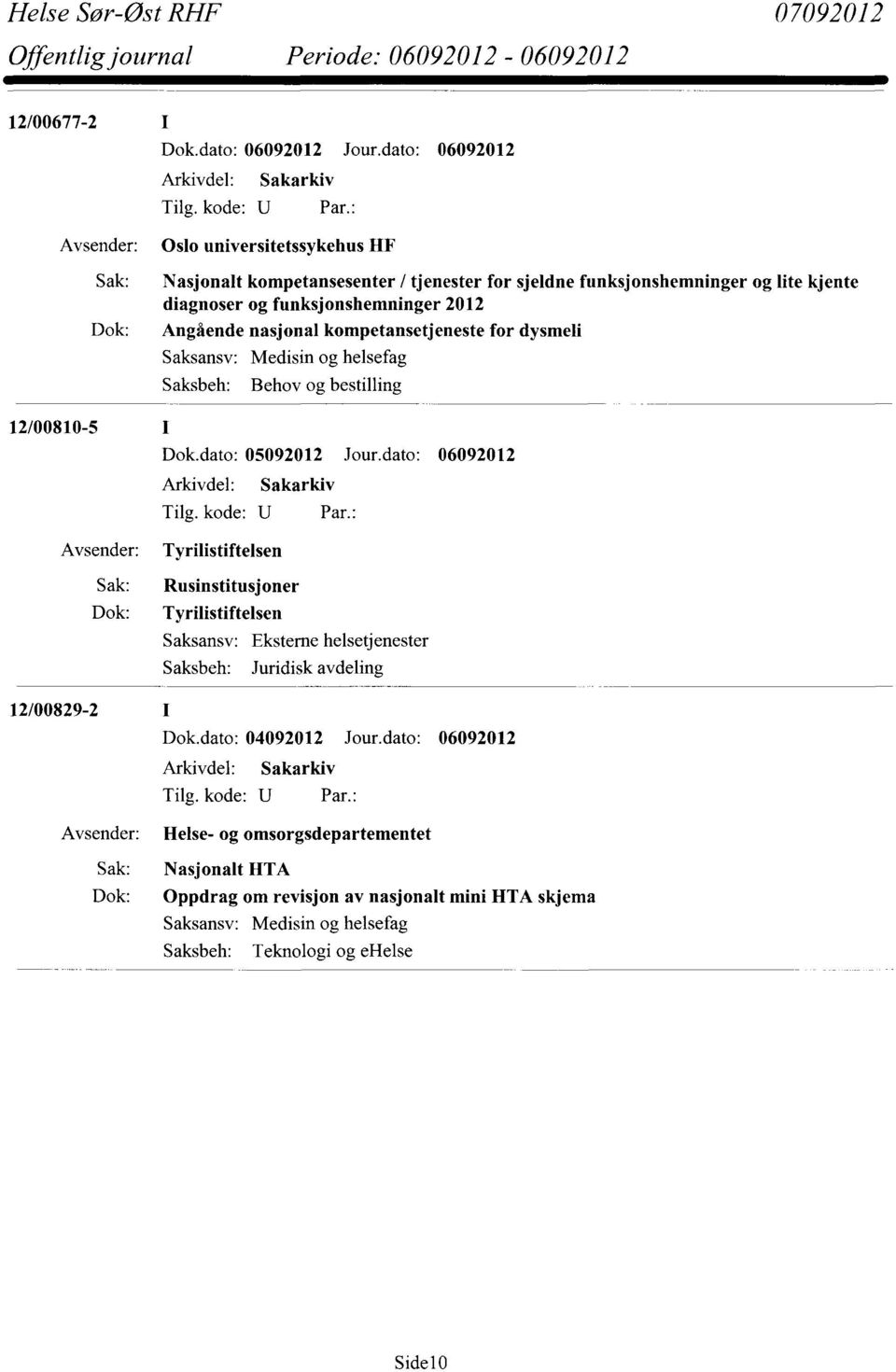 12/00829-2 Sak: Dok: Dok.dato: 05092012 Jour.dato: 06092012 Tyrilistiftelsen Rusinstitusjoner Tyrilistiftelsen Saksbeh: Juridisk avdeling Dok.