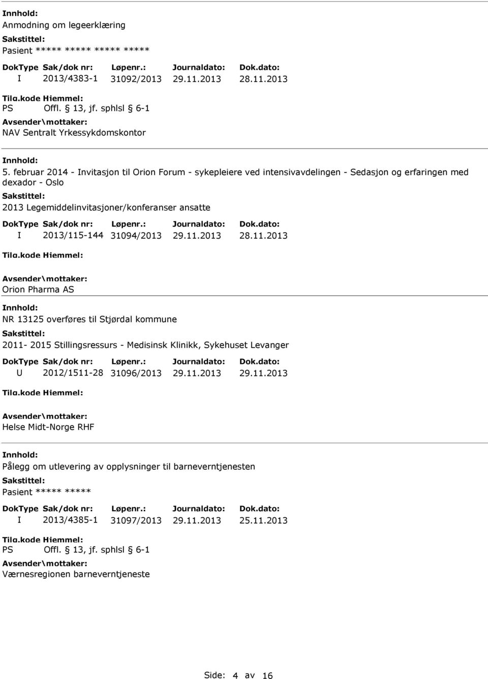 Legemiddelinvitasjoner/konferanser ansatte 2013/115-144 31094/2013 Orion Pharma AS NR 13125 overføres til Stjørdal kommune 2011-2015 Stillingsressurs -