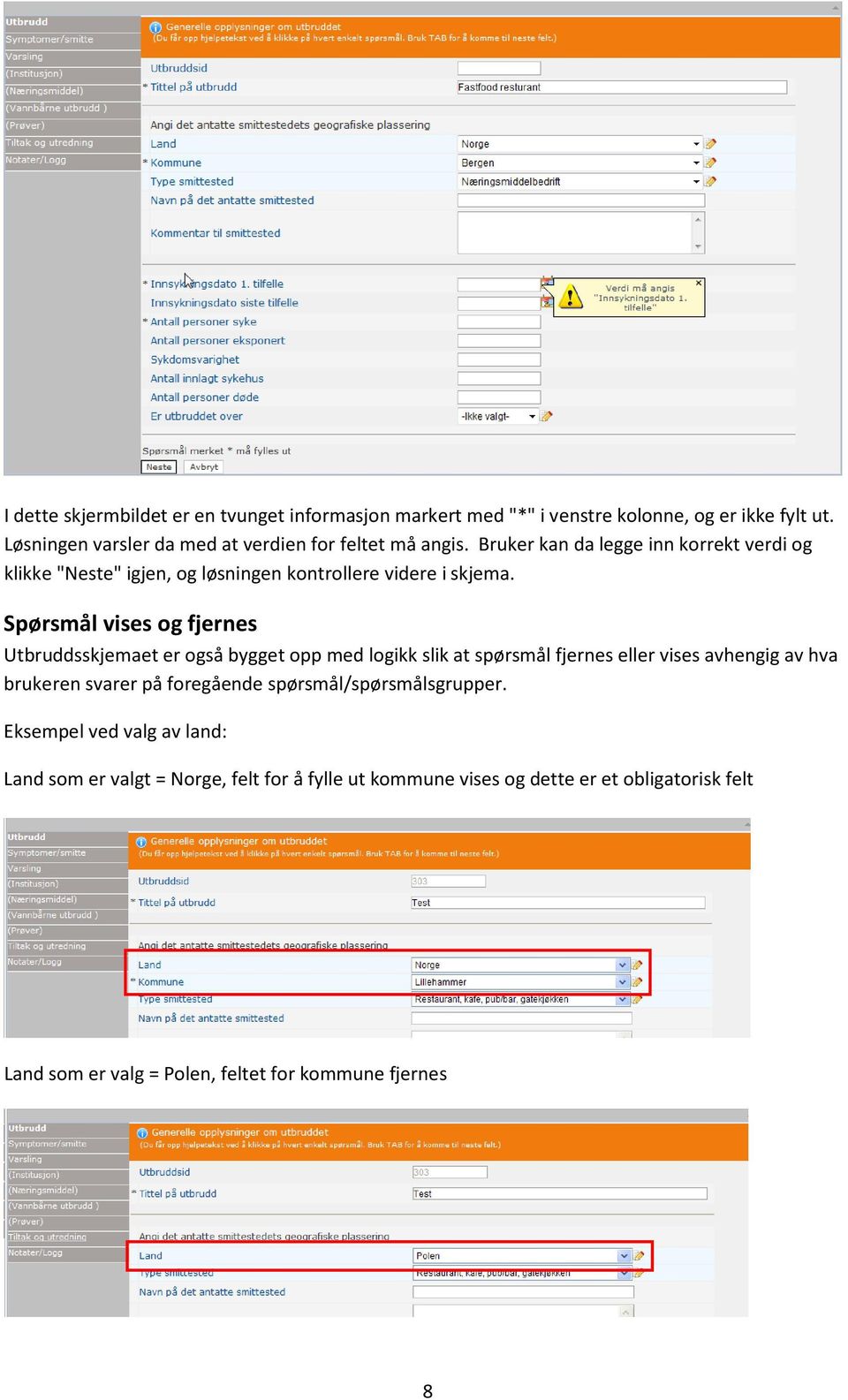 Bruker kan da legge inn korrekt verdi og klikke "Neste" igjen, og løsningen kontrollere videre i skjema.