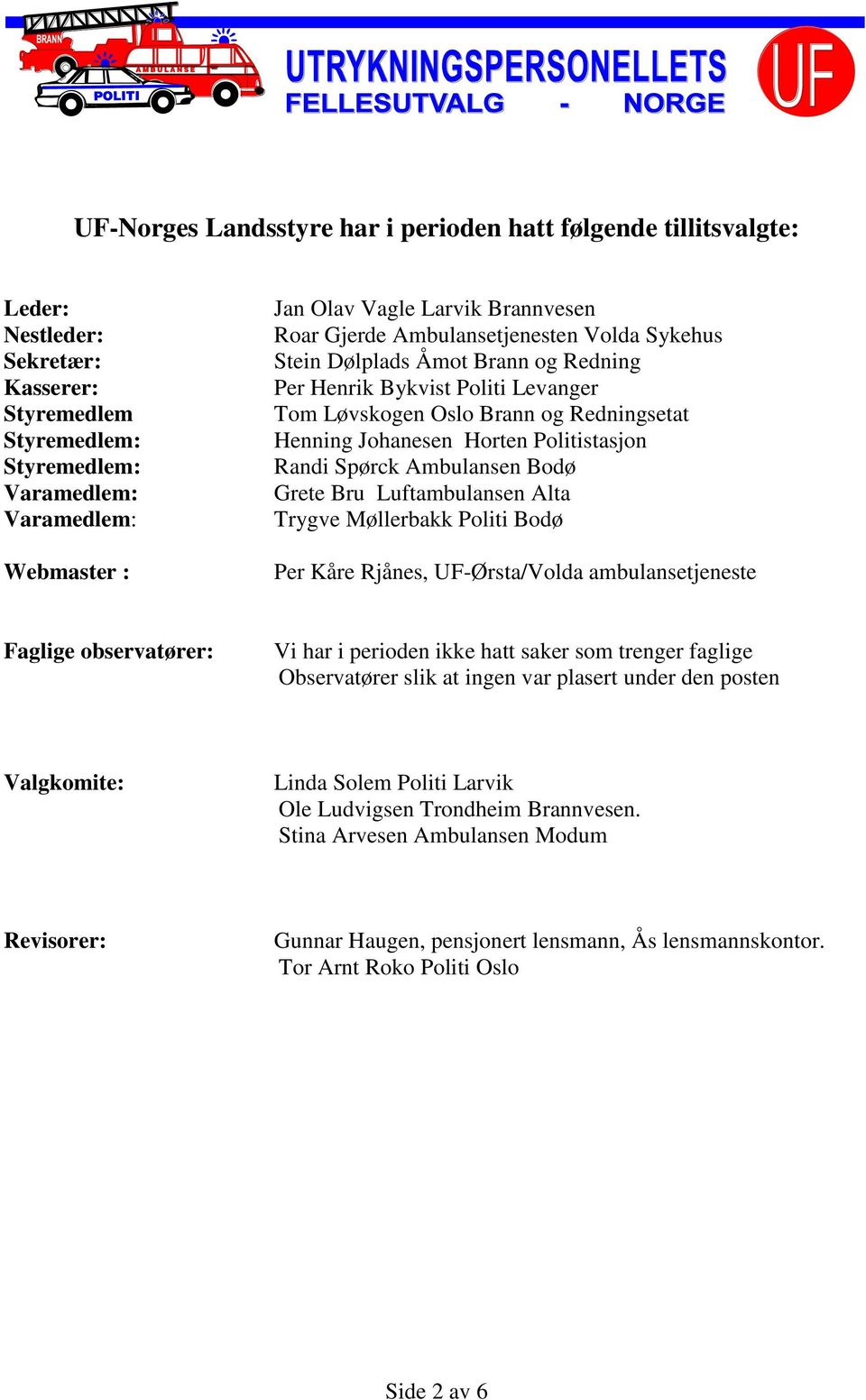 Politistasjon Randi Spørck Ambulansen Bodø Grete Bru Luftambulansen Alta Trygve Møllerbakk Politi Bodø Per Kåre Rjånes, UF-Ørsta/Volda ambulansetjeneste Faglige observatører: Vi har i perioden ikke