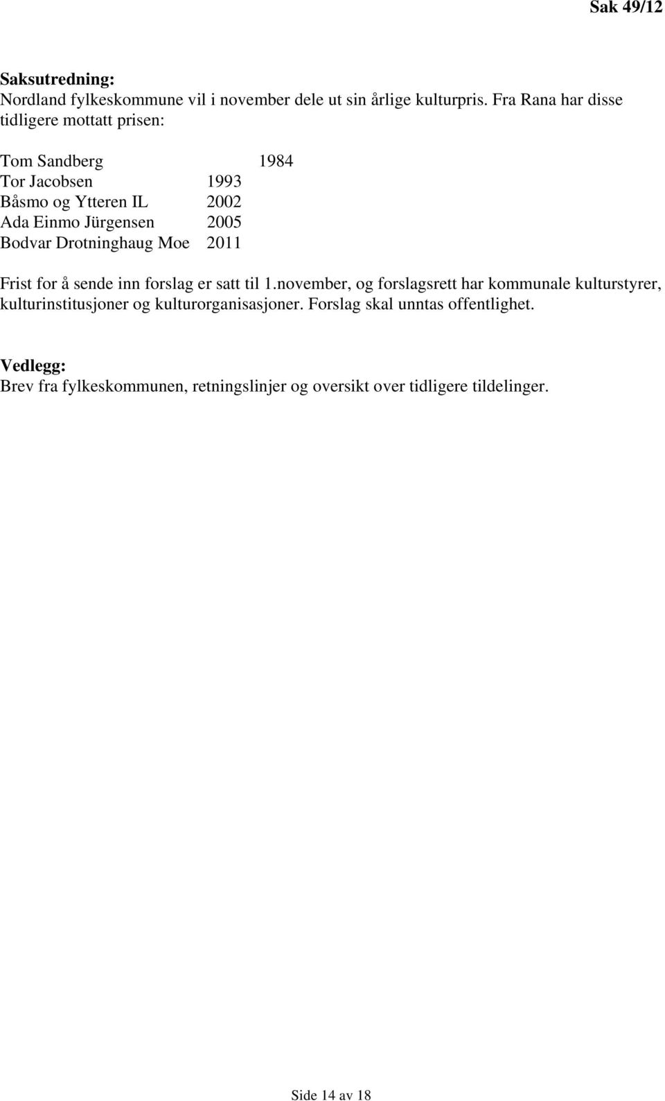 Bodvar Drotninghaug Moe 2011 Frist for å sende inn forslag er satt til 1.
