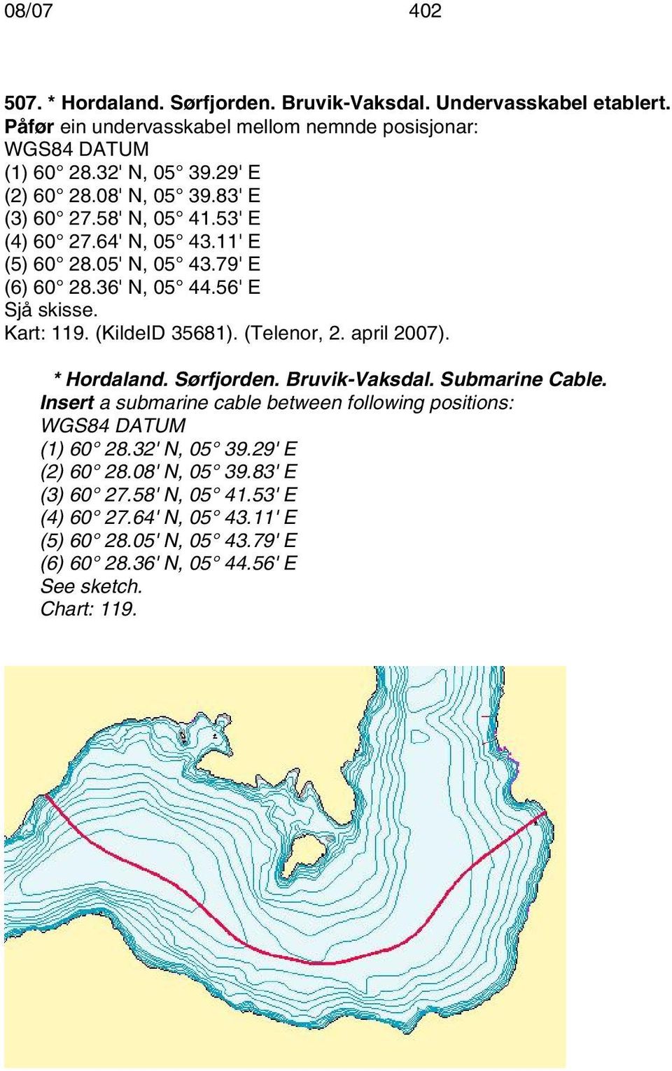 (KildeID 35681). (Telenor, 2. april 2007). * Hordaland. Sørfjorden. Bruvik-Vaksdal. Submarine Cable. Insert a submarine cable between following positions: (1) 60 28.