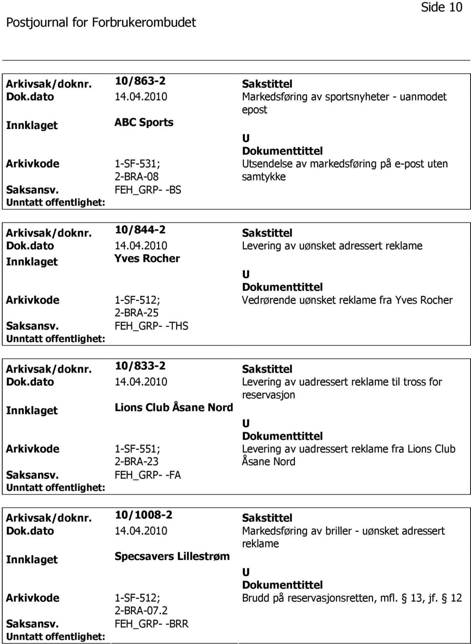 dato 14.04.2010 Levering av uønsket adressert reklame nnklaget Yves Rocher 1-SF-512; Vedrørende uønsket reklame fra Yves Rocher FEH_GRP- -THS Arkivsak/doknr. 10/833-2 Sakstittel Dok.dato 14.04.2010 Levering av uadressert reklame til tross for nnklaget Lions Club Åsane Nord 1-SF-551; 2-BRA-23 FEH_GRP- -FA Levering av uadressert reklame fra Lions Club Åsane Nord Arkivsak/doknr.