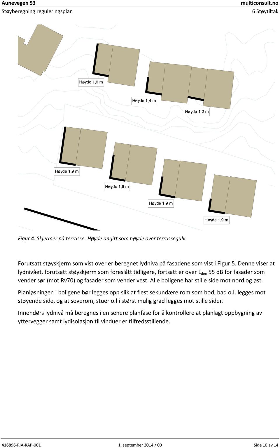 Denne viser at lydnivået, forutsatt støyskjerm som foreslått tidligere, fortsatt er over L den 55 db for fasader som vender sør (mot Rv70) og fasader som vender vest.